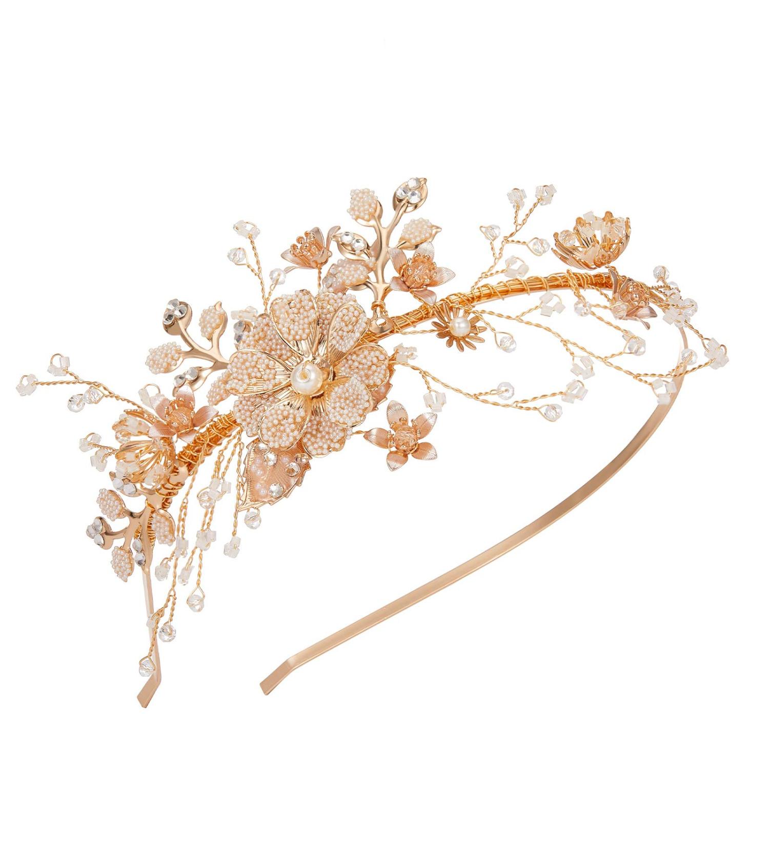 SWEETV Flower-Leaf Bridal Headband | Gold Crystal Tiara for Women | Pearl Wedding Hair Accessories for Bride | Prom & Birthday Party - Buy Online on GoSupps.com