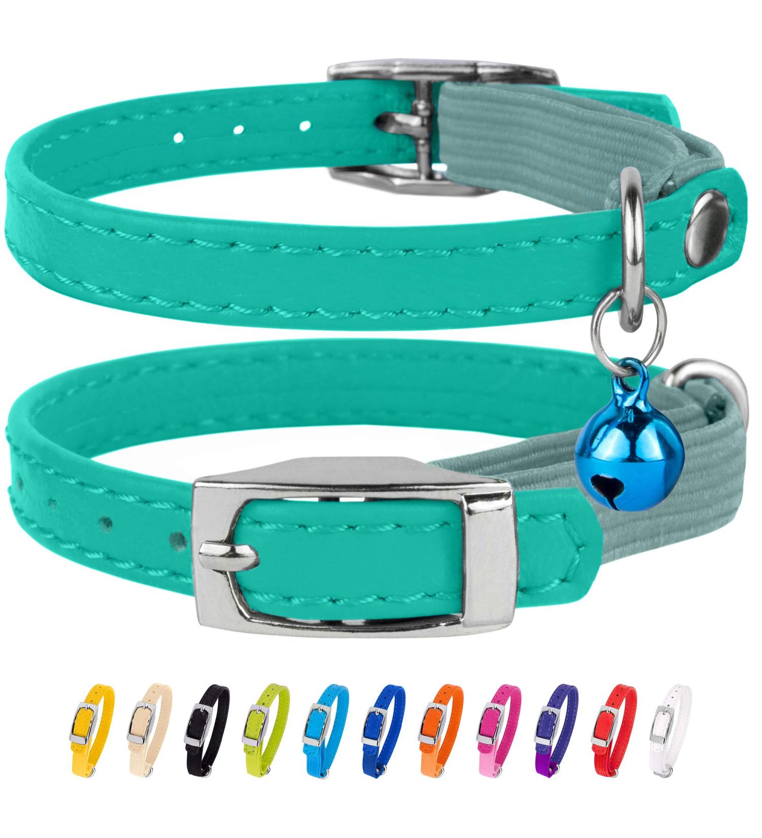 Collardirect Leather Cat Safety Collar with Elastic Belt & Bell - Adjustable 15-18 cm in Black Blue Red Orange Green Pink & Mint Green | International Shipping Available - Buy Online on GoSupps.com