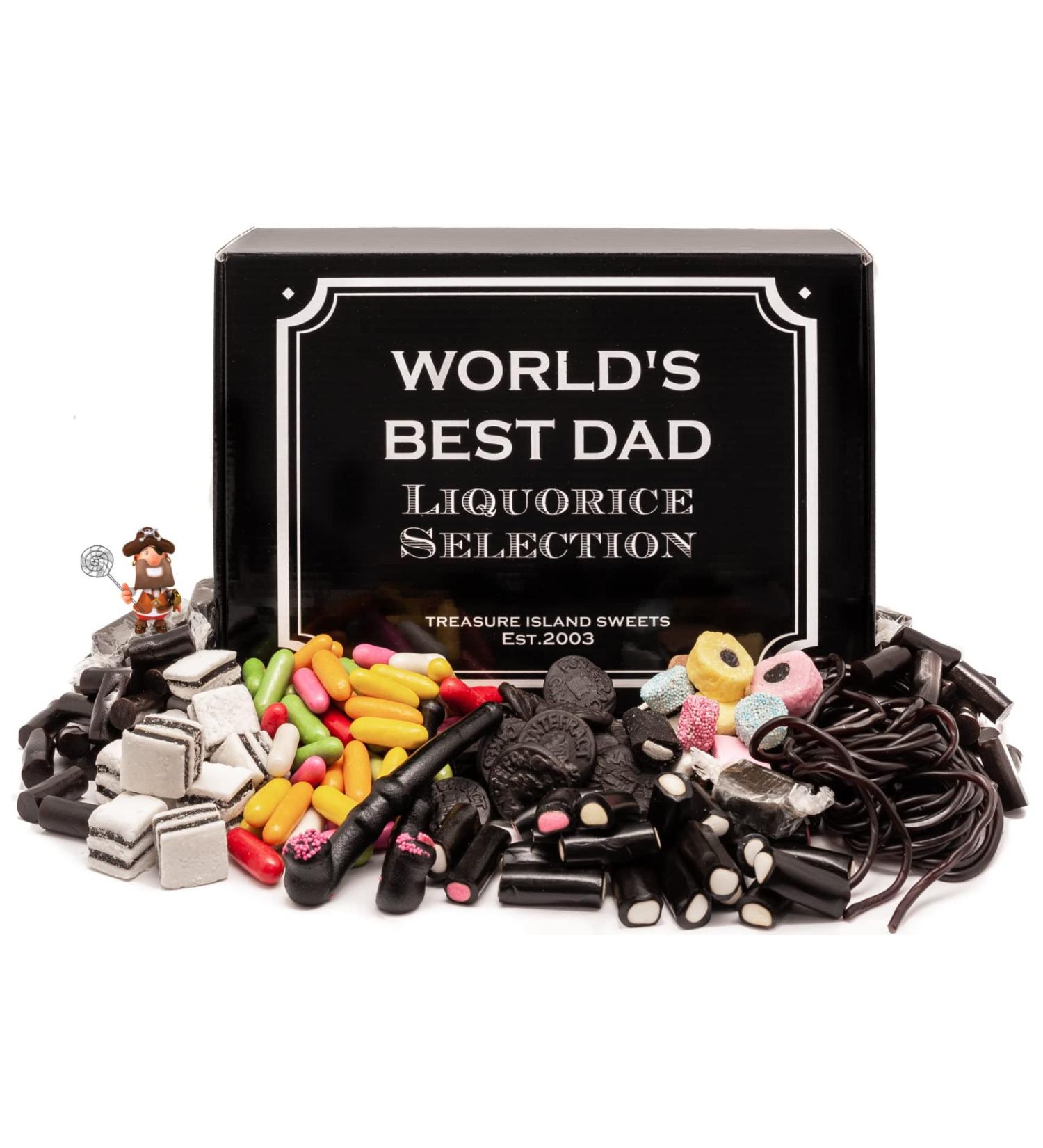 Worlds Best Dad - Retro Liquorice Hamper (Classic Black Hamper With World's Best Dad Branding & Gift Label) by Treasure Island Sweets - Buy Online on GoSupps.com