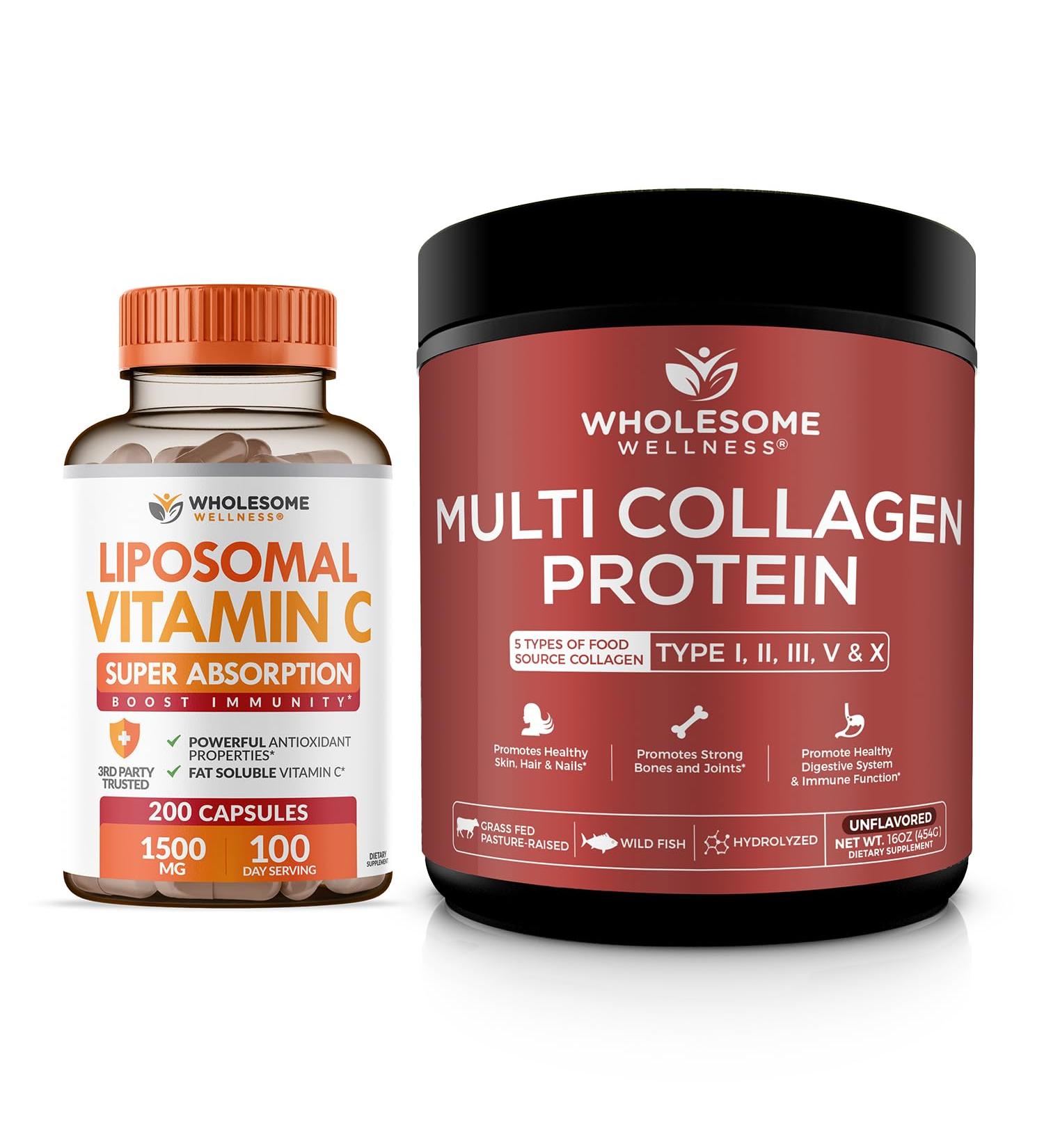 Wholesome Wellness Liposomal Vitamin C Capsules + Multi Collagen Protein Powder Hydrolyzed Bundle - Buy Online on GoSupps.com