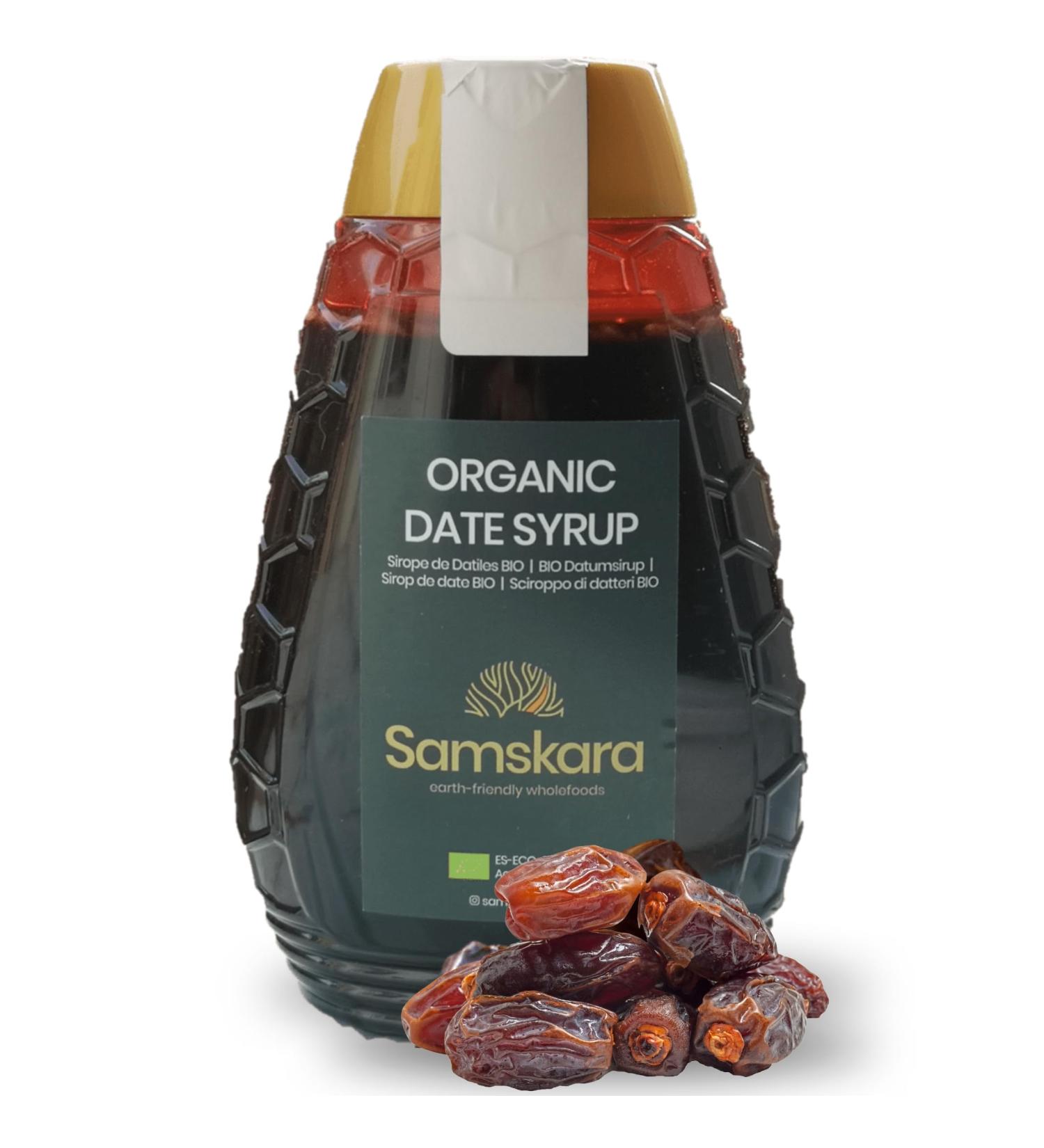 Date Syrup | Organic & Fair Trade | Samskara | 500g 100% Natural | Organic Date Molasses | Sugar Free Date Fruit Caramel Syrup for Coffee Desserts and Sweet Recipes - Buy Online on GoSupps.com