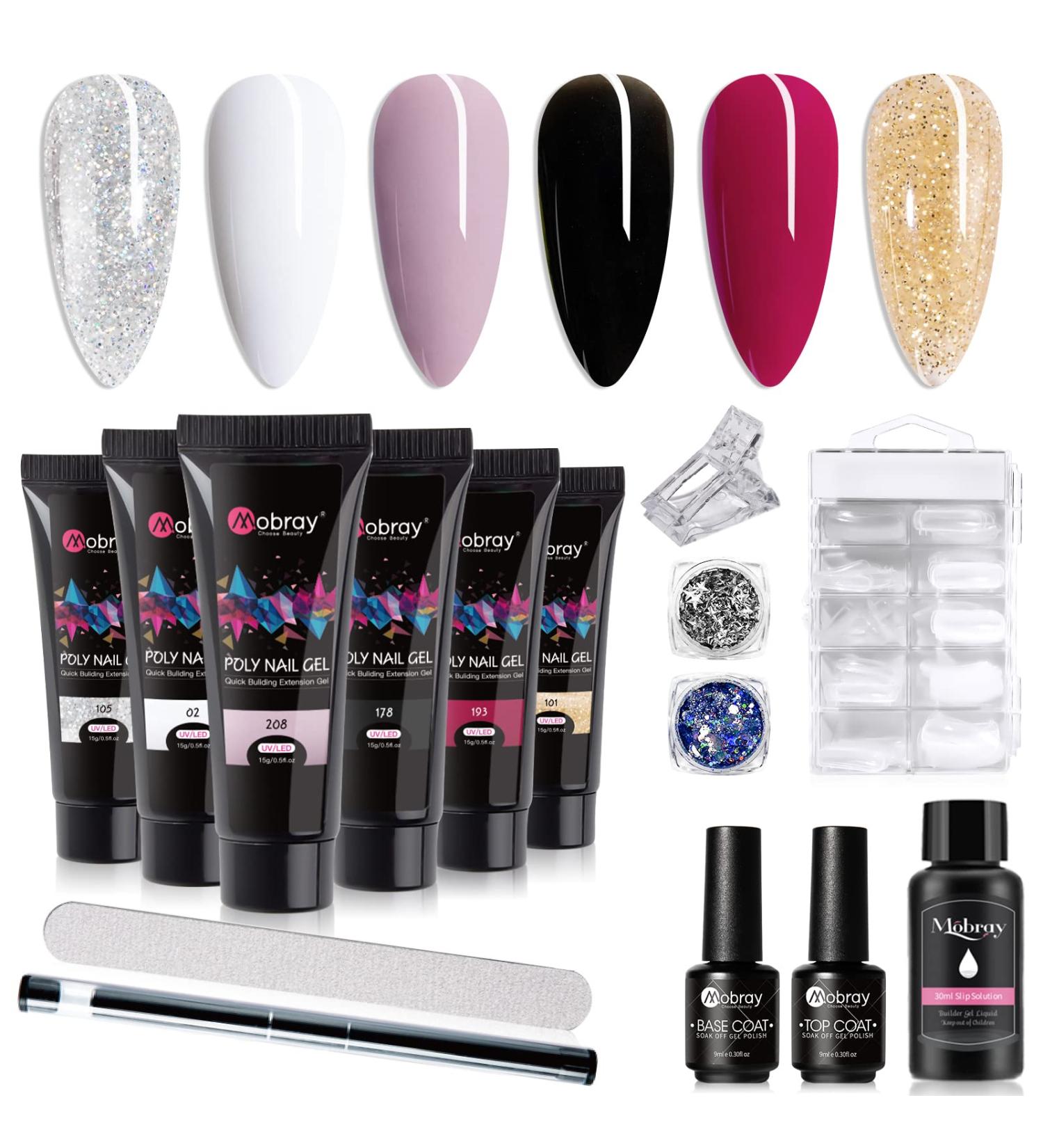 Mobray Poly Nail Gel Kit - Glitter Poly Gel Polish Set - 6 Colors UV/LED Gel Manicure Kit with Slip Solution - Nail Art Starter Kit - Buy Online on GoSupps.com