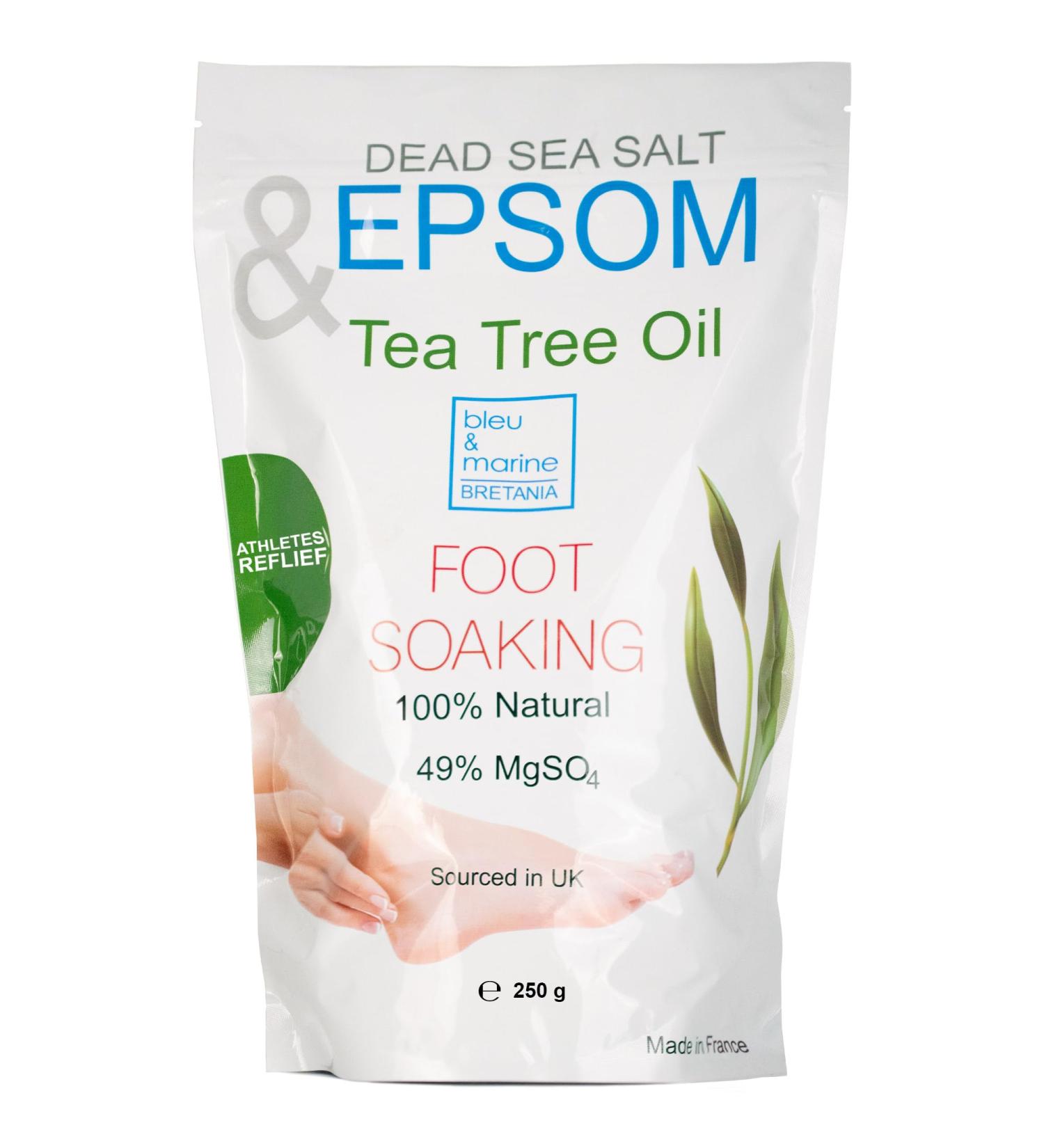 bleu & marine Bretania - Natural Epsom Bath Salts 250g | Infused with Tea Tree & Peppermint Essential Oil | 6x More Effective | Therapeutic Foot Soak | Nail & Skin Treatment 250 g Pack of 1 250 g (Pack of 1)