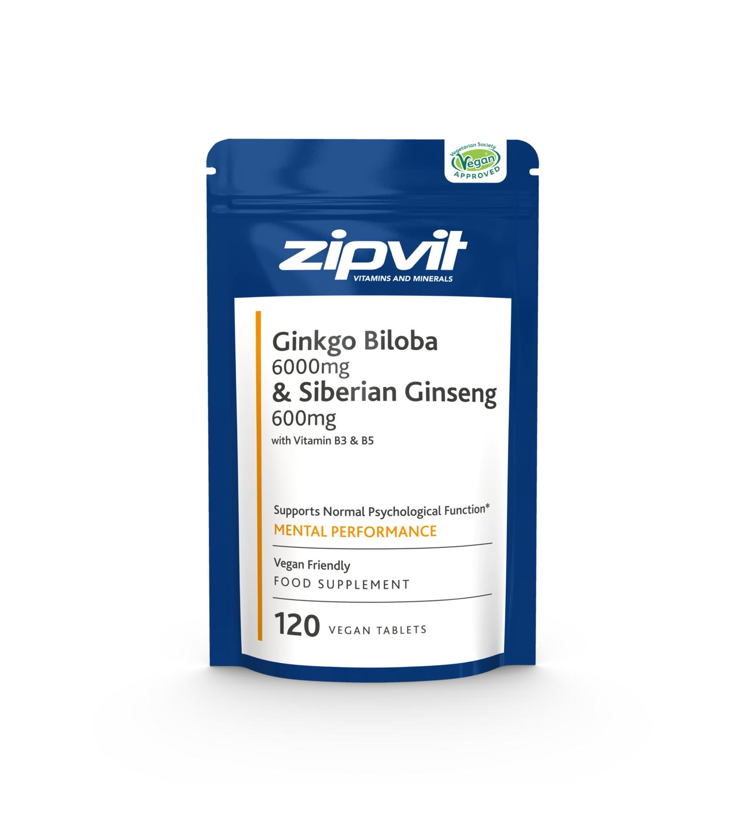 Ginkgo Biloba and Siberian Ginseng High Strength Tablets with Vitamins B3 & B5 - 120 Vegan Tablets in Eco-Friendly Pouch - Buy Online on GoSupps.com