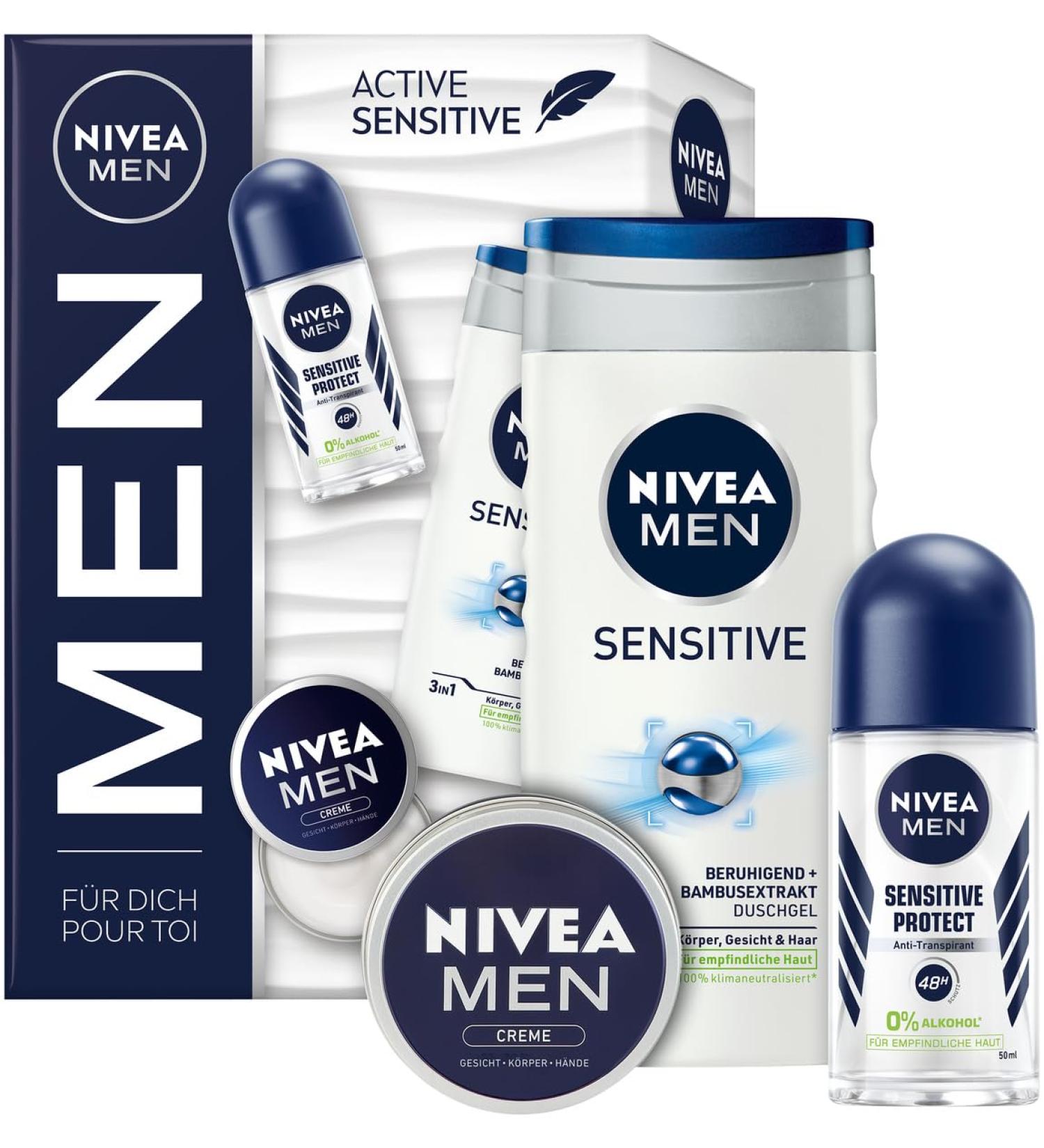 NIVEA MEN Active Sensitive Gift Set with Moisturizing Care Products Gift set with Sensitive Shower Gel Sensitive Protect Antiperspirant Deodorant Roll-on and NIVEA Men Cream - Buy Online on GoSupps.com