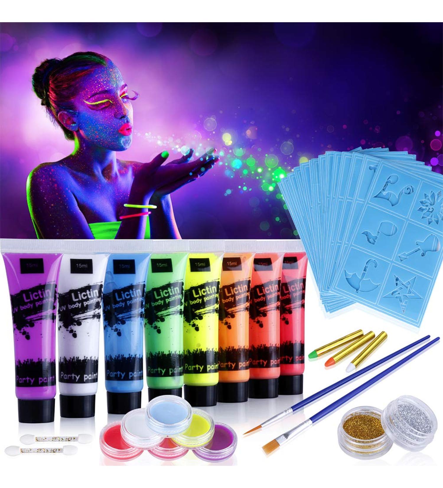 Lictin 43pcs UV Glow Body and Face Paint Set with Glitter, Crayon, and Club Makeup Art Kit - Ideal for Adults, Kids, Party, and Carnival - 43 Count - Buy Online on GoSupps.com
