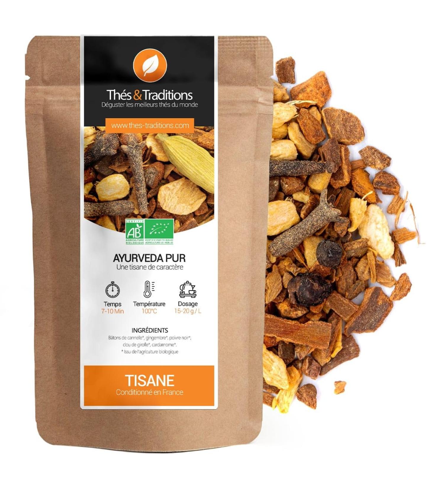  Th s & Traditions Pure Organic Ayurveda Herbal Tea | 100g Loose Leaf Bag | Certified Organic Agriculture  - Buy Online on GoSupps.com