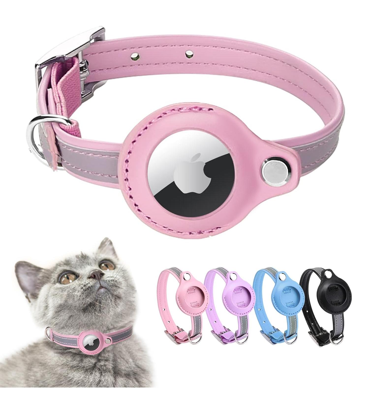 Mouyou Leather Airtag Cat Collar - Adjustable Pink Neck Band for Cats & Small Dogs | Safety Lock & Holder for Tracking (28-37cm) - Buy Online on GoSupps.com