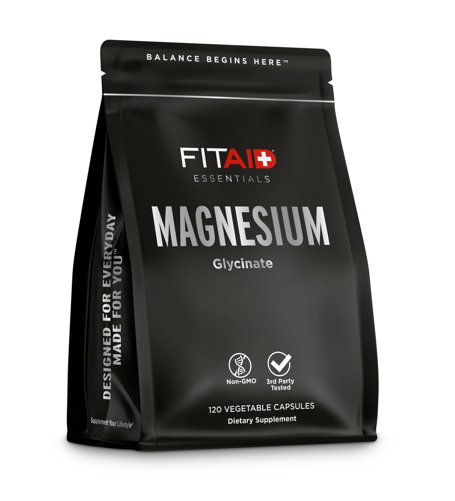 FITAID Essentials Magnesium Glycinate Capsules High Potency Recovery for Weightlifting Running Cycling Muscle Fatigue Relief Bone Health 2 Month Supply 120 Bioavailable Veggie Capsules Magensium Glycinate - Buy Online on GoSupps.com