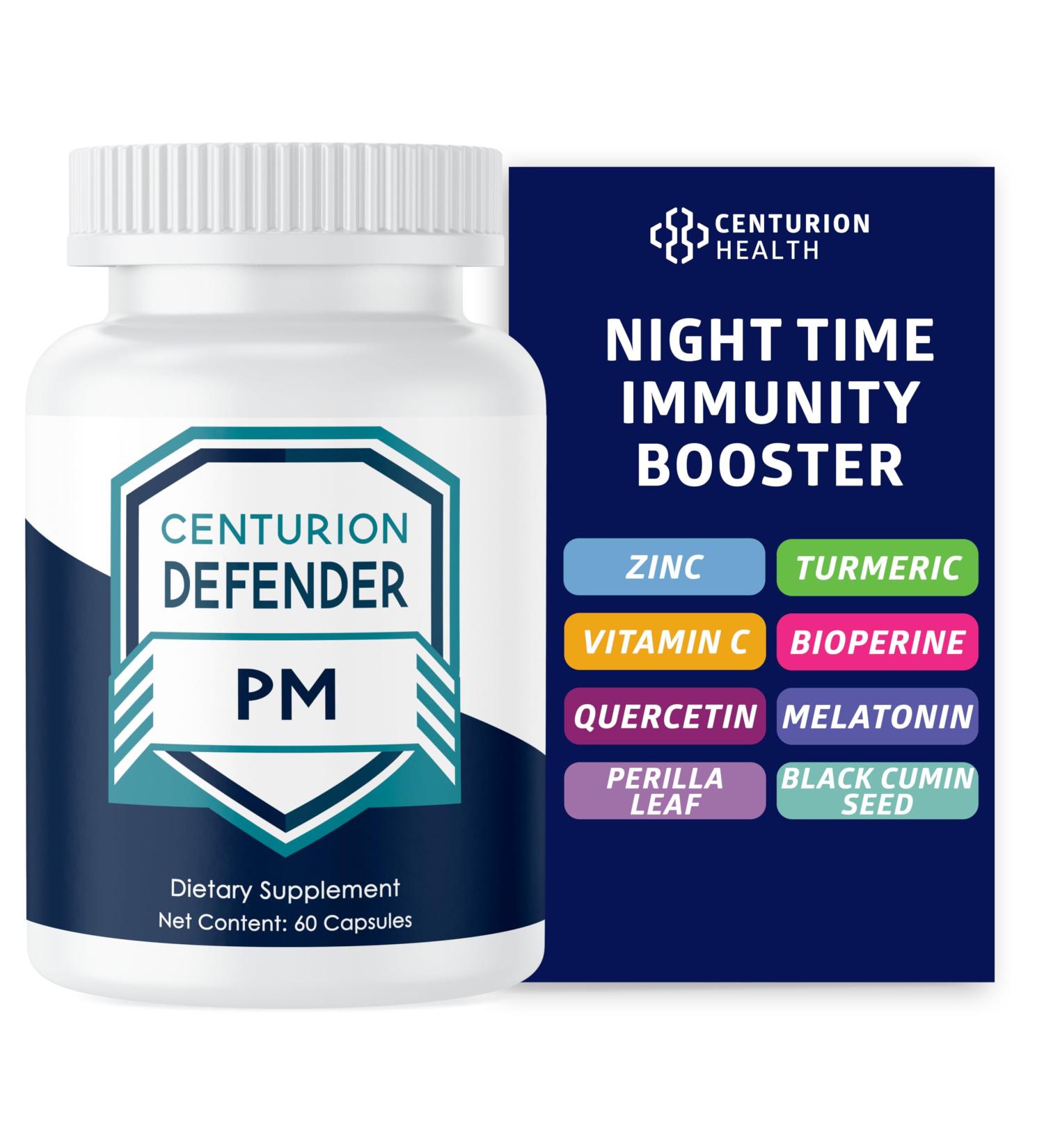 Centurion Defender PM 9-in-1 Natural Sleep + Immune Supplement for Recovery Immunity and Rest Support with Melatonin Quercetin Zinc Black Cumin Seed Perilla Leaf Extract and Vitamin C 60 Caps - Buy Online on GoSupps.com