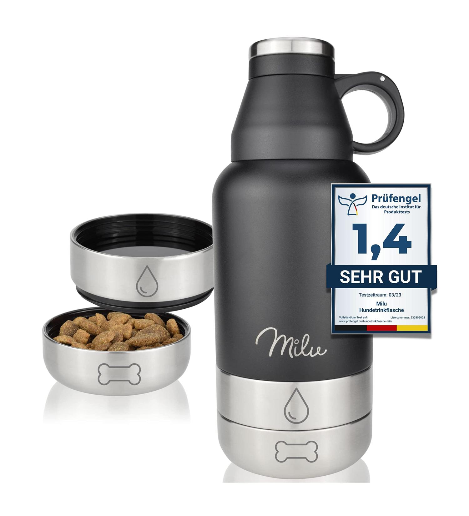 Milu 950ml Dog Drinking Bottle with Food Bowl - Insulated Stainless Steel Pet Water Bottle for Hiking Traveling & Walking - Black - Buy Online on GoSupps.com