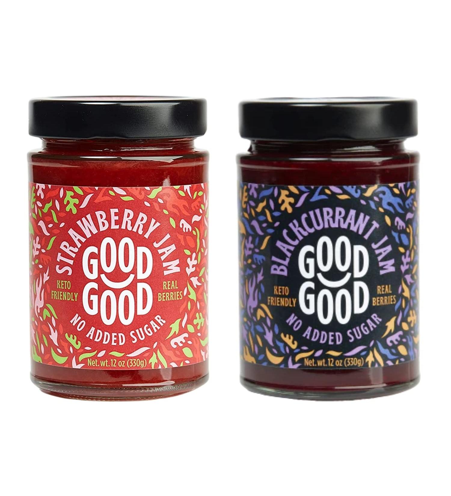 GOOD GOOD Sweet Strawberry & Blackcurrant Jams - Keto Friendly - Low Calorie Without Added Sugars - Vegan - Gluten Free - Preserves - 330g Jars - Buy Online on GoSupps.com