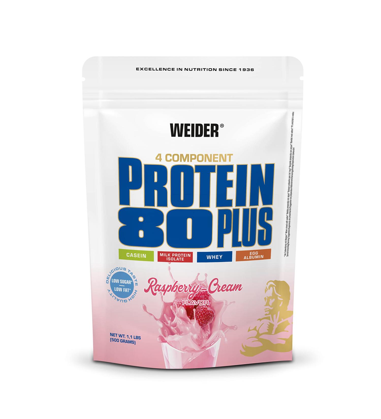 Buy WEIDER Protein 80 Plus - Low-Carb Raspberry Cream Protein Powder (500g) | Multi-Component Casein & Whey Mix for Shakes - International Shipping Available - Buy Online on GoSupps.com