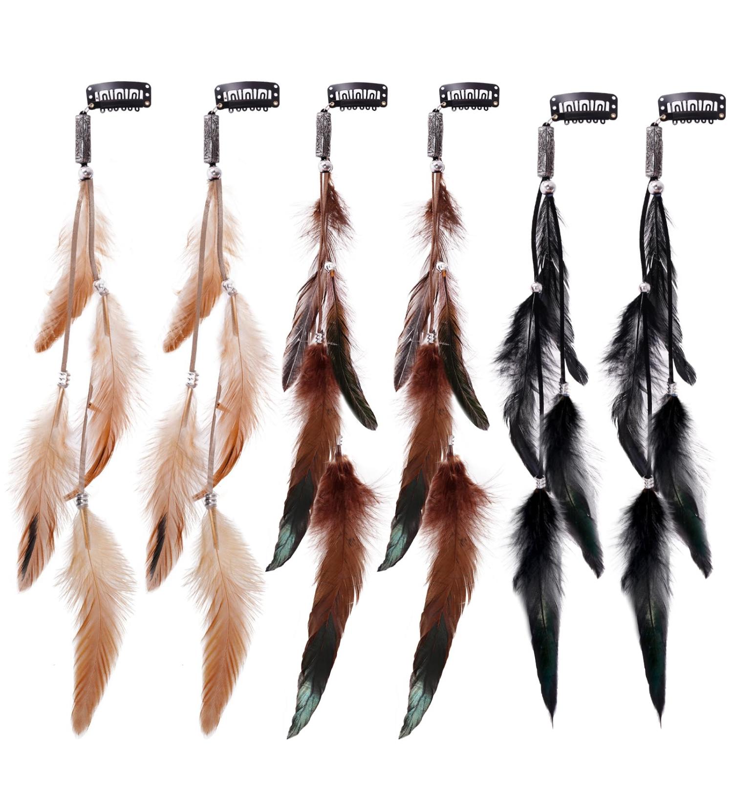 6 Pack Feathers Hair Extensions Boho Indian Headdress Accessories for Carnival Halloween & Cosplay - Buy Online on GoSupps.com