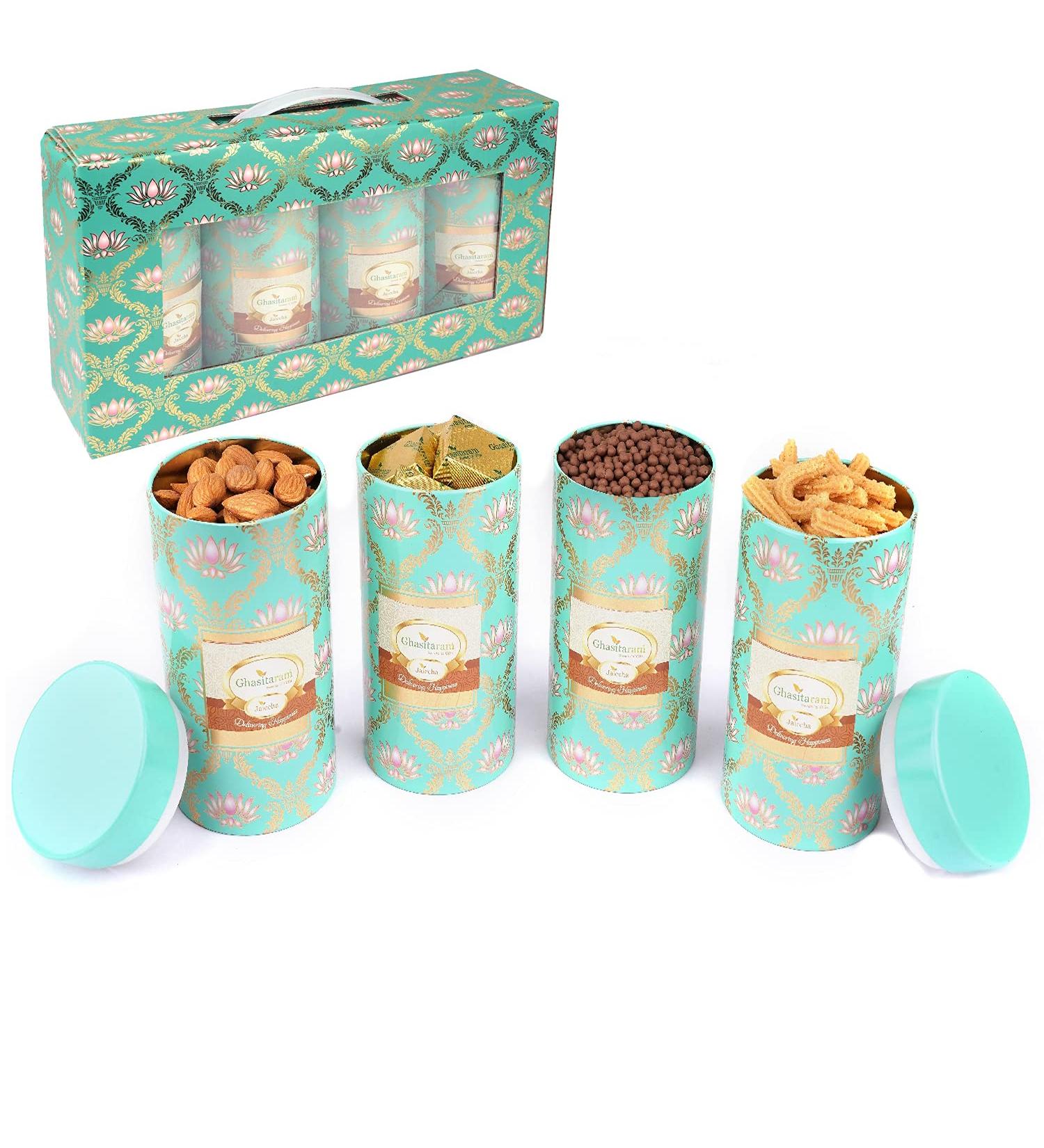 Jaiccha Ghasitaram Dryfruits Hamper-Lotus Box 4 Tin Jars Almonds Rice Crispies Butter Chakli and Mewa bites |Gift for Diwali Holi Rakhi Valentine Christmas Birthday Anniversary Her Him| - Buy Online on GoSupps.com