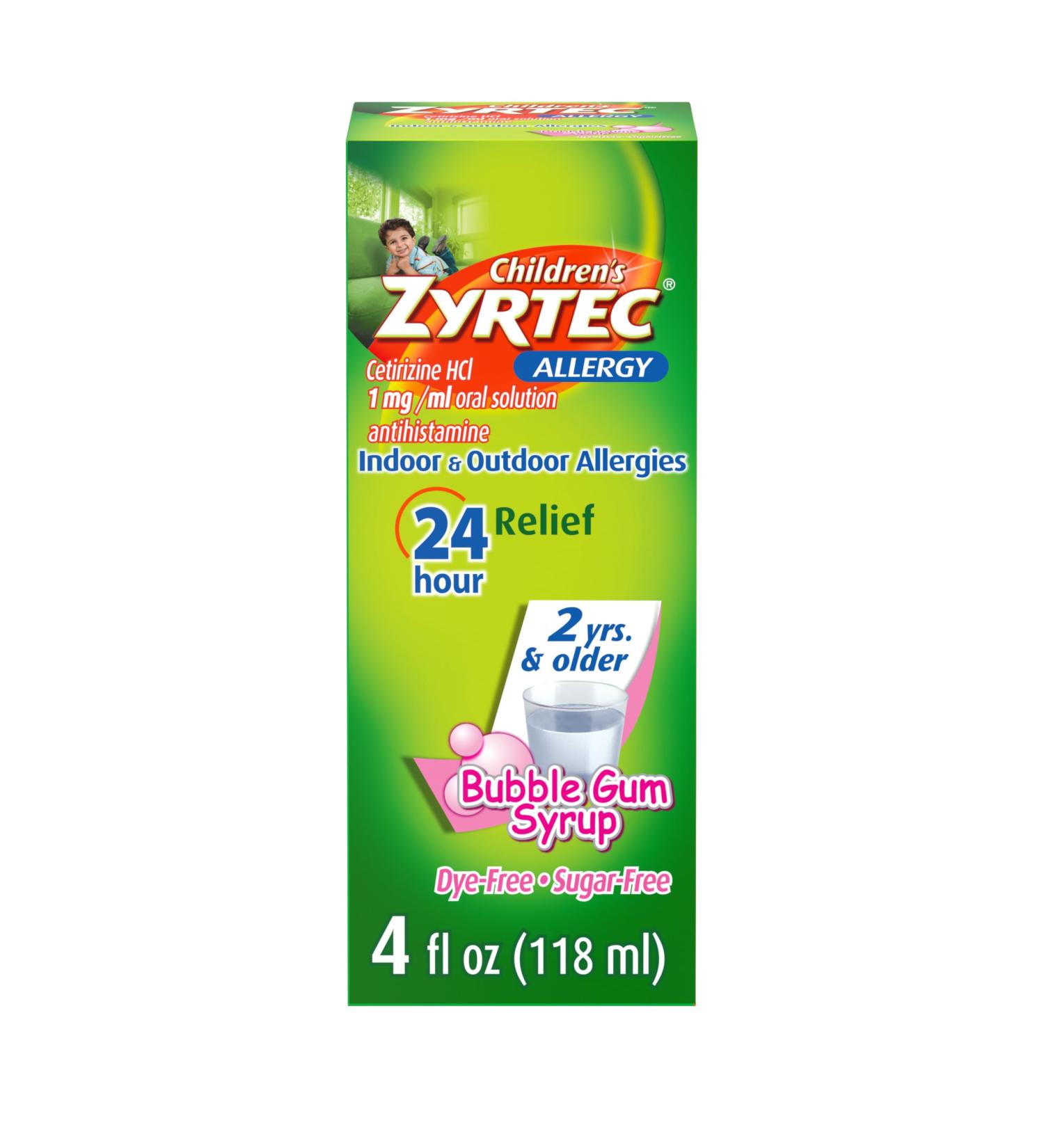 Zyrtec Children's 24 Hour Allergy Relief Syrup - Sugar-Free Antihistamine 5 mg Cetirizine HCl Bubble Gum Flavor Kids Allergy Medicine 4 Fl Oz - Buy Online on GoSupps.com