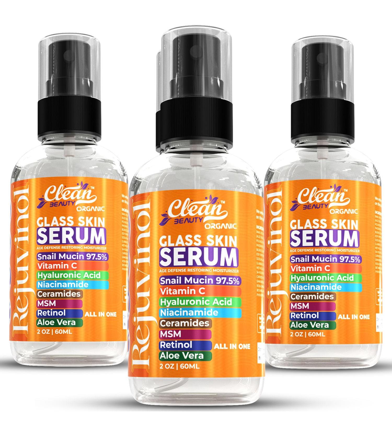 Snail Mucin Anti Aging Facial Serum with Vitamin C Hyaluronic Acid Niacinamide Retinol MSM Aloe Vera & Ceramides - Moisturizing Glass Skin Serum for Radiant Glowing Skin (Pack of 3 2 Fl Oz)