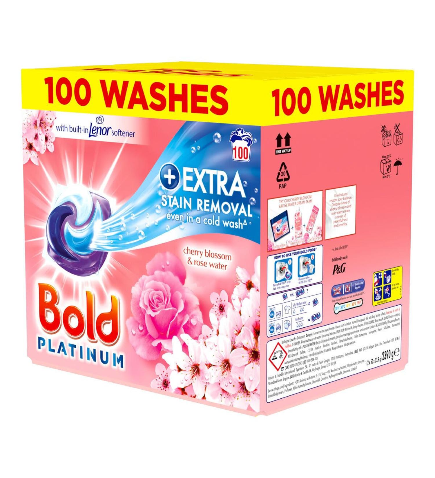 Bold Platinum Pods Laundry Detergent Washing Liquid Pods/Capsules 100 Washes - Cherry Blossom & Rose Water - Extra Stain Removal Even In a Cold Wash - Buy Online on GoSupps.com