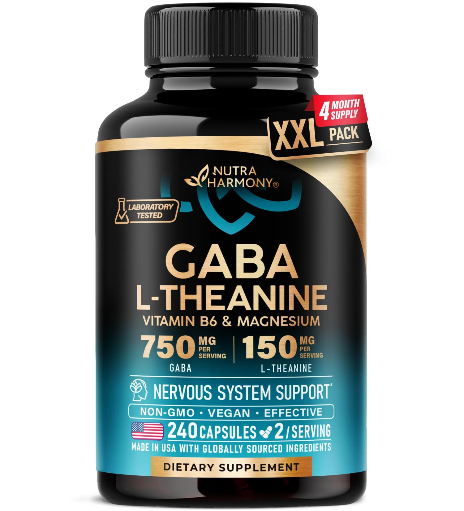 GABA L-Theanine 900 mg - Made in USA - Magnesium | Vitamin B6 - Calm, Sleep, Relaxation & Mood Support - 750 mg Gamma AminoButyric Acid, 150 mg L-Theanine - Non-Habit Forming, Vegan - 240 Capsules 240 Count (Pack of 1) - Buy Online on GoSupps.com