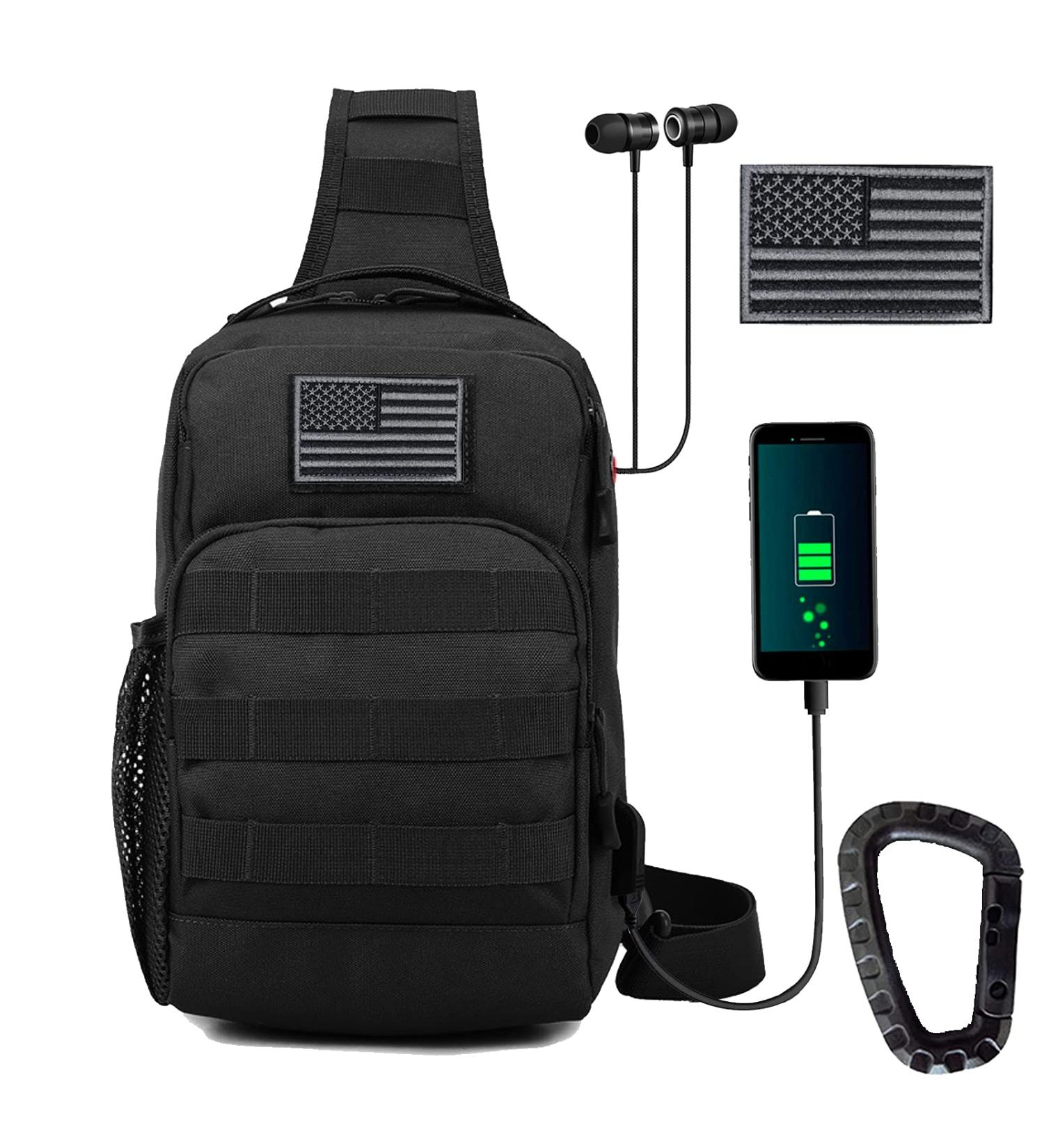 Valinov Tactical Shoulder Bag with USB Charging Port - Black | Military Sling Daypack - Buy Online on GoSupps.com