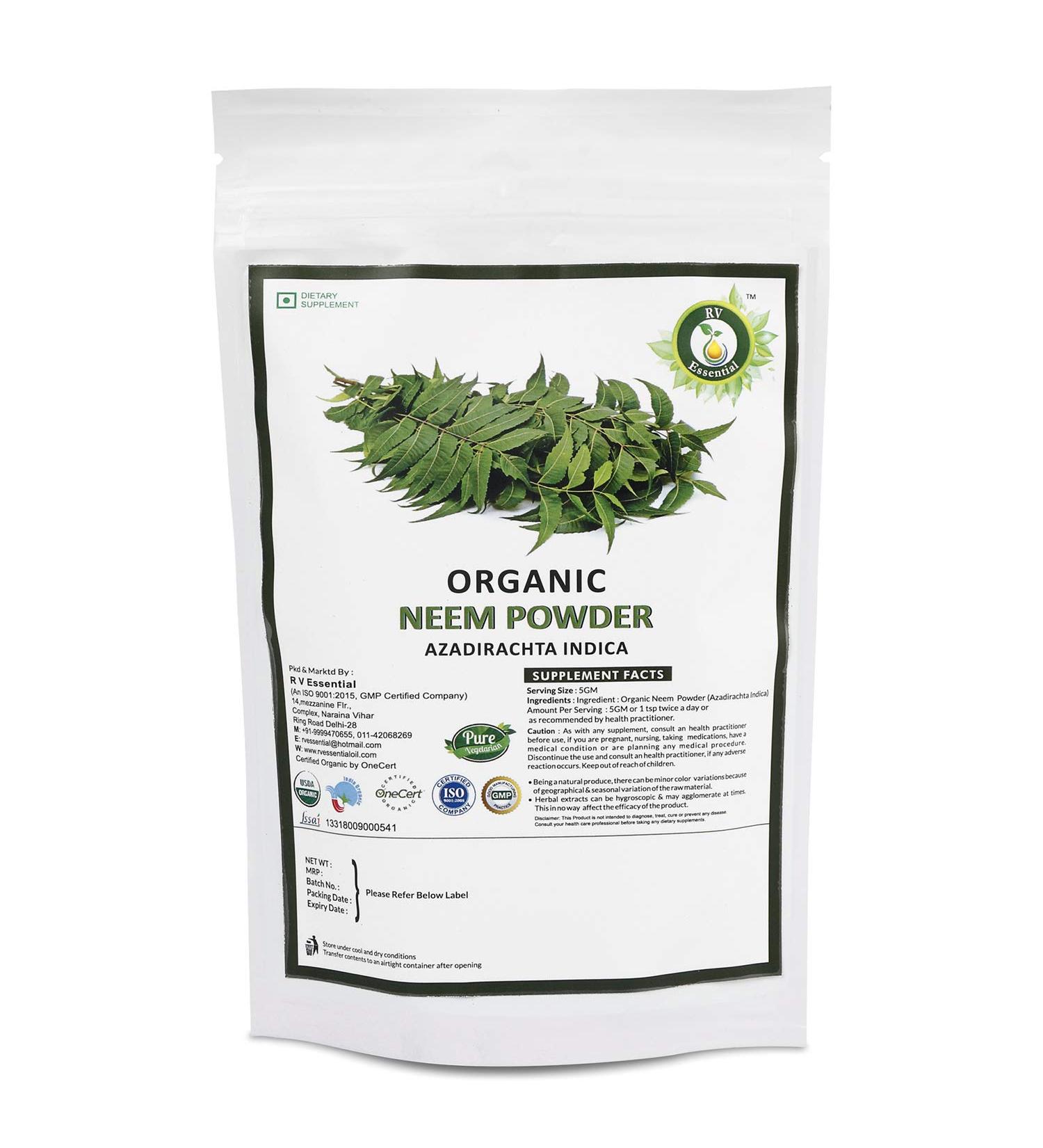 R V Essential Organic Neem Powder 200gm/ 7.05oz/ 0.44lb- Azadirachta Indica Neem Leaf Powder for Tooth for Hair for Skin USDA Organic Certified Supplement in Resealable and Reusable Zip Lock Pouch 200gm/ 7.05oz/ 0.44 Pound
