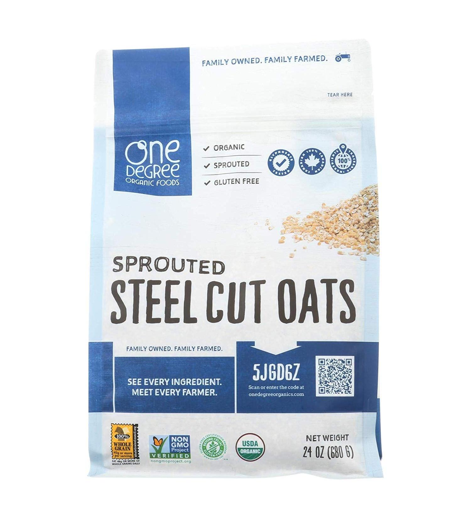 ONE DEGREE ORGANIC FOODS, Sprtd Oats, Og2, Steel Cut, Size 24 OZ, (Gluten Free Vegan 95%+ Organic)