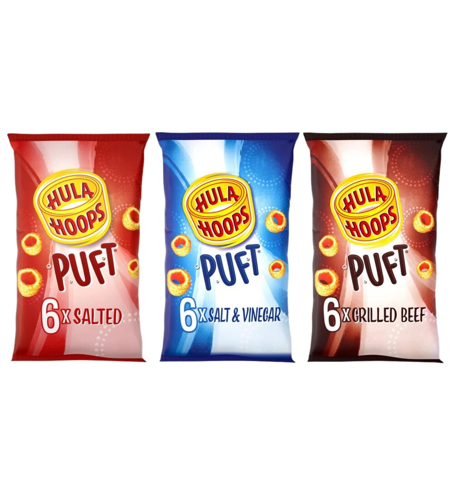 Hula Hoops Crisps Bundle Containing Hula Hoops Puft Salted x6 Hula Hoops Puft Salt & Vinegar x 6 Hula Hoops Puft Beef x 6 - Buy Online on GoSupps.com