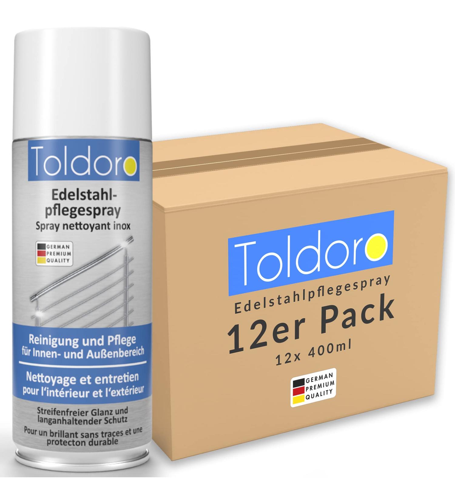 Toldoro 12x Stainless Steel Care Spray 400ml | Effective Stainless Steel Cleaner for Kitchen & Grill | Metal Cleaning Spray Bottle 12 Pack - Buy Online on GoSupps.com