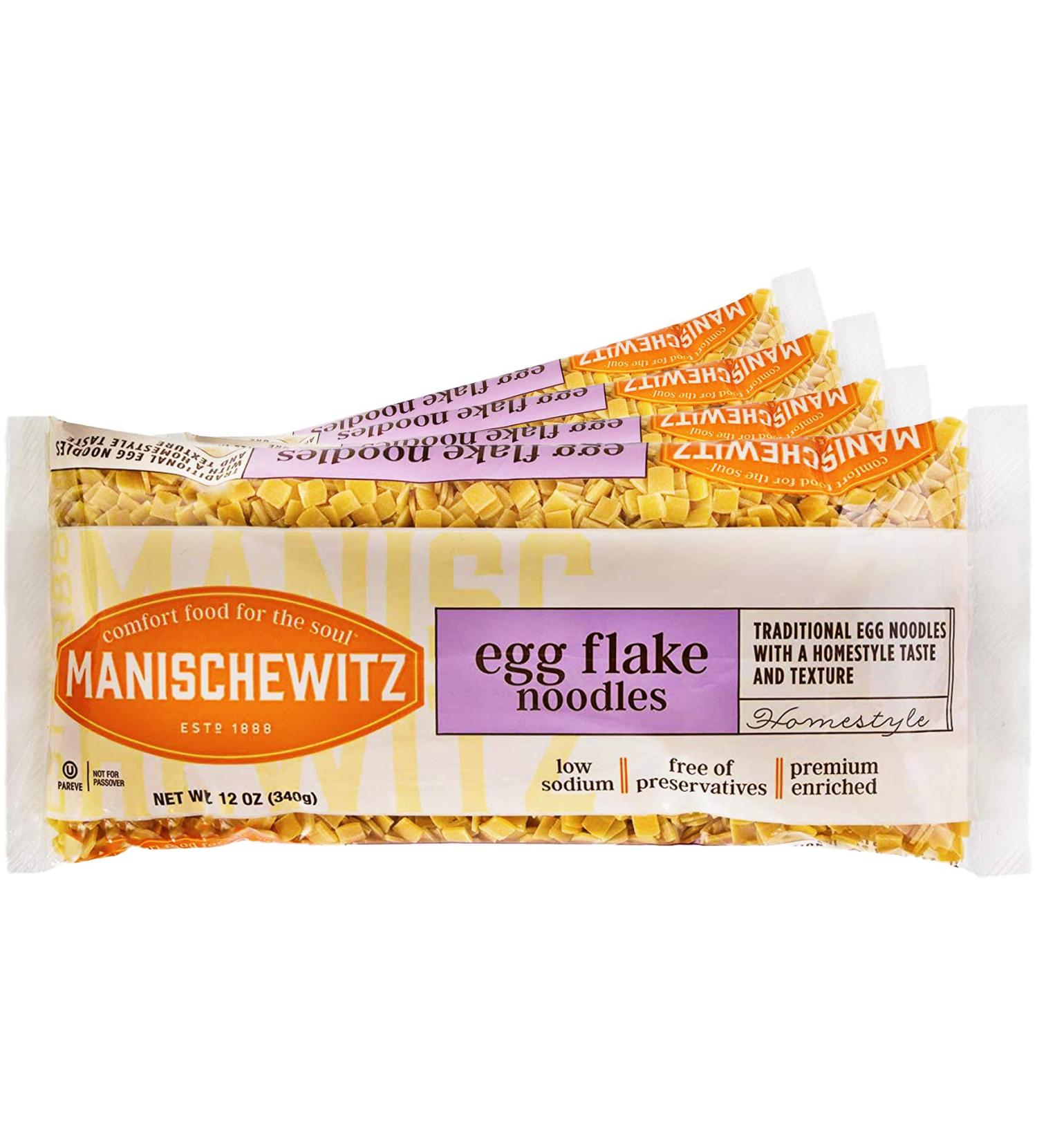 Manischewitz Egg Flakes Premium Enriched Egg Noodles 12oz (Pack of 4) Square Shaped Farfel