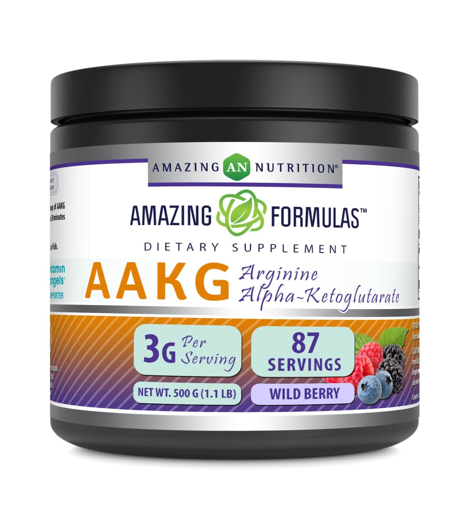 Amazing Formulas AAKG 500 Grams (1.1 Lb) Powder Supplement | Arginine Alpha-Ketoglutarate | Wild Berry Flavor | 87 Servings | Non-GMO | Gluten Free
