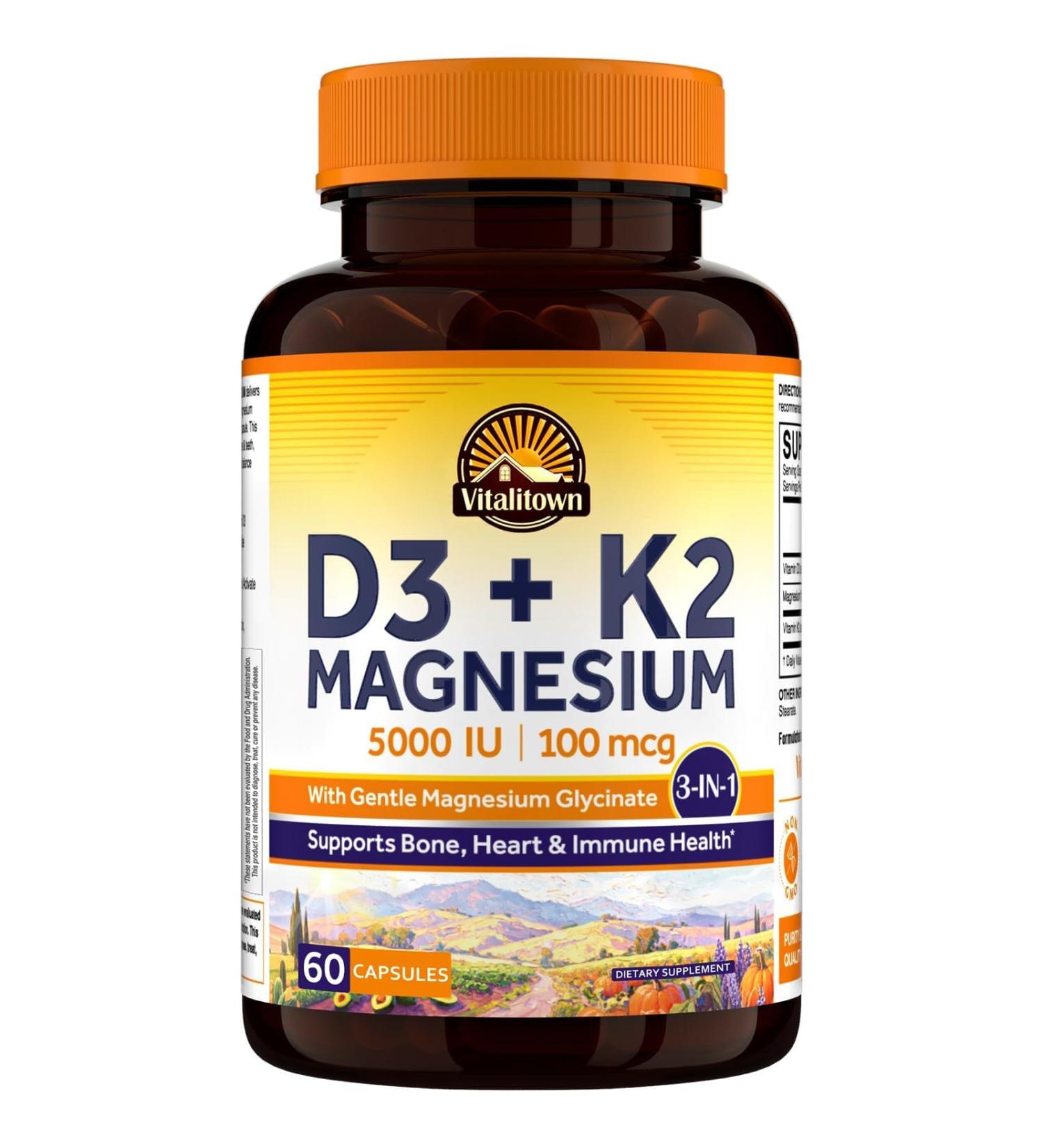 Vitalitown Vitamin D3 K2 with Magnesium 5000 IU D3 100 mcg K2 as MK-7 Magnesium Glycinate Non-GMO No Gluten 3-in-1 Formula for Bone Heart & Immune Health 60 Capsules - Buy Online on GoSupps.com