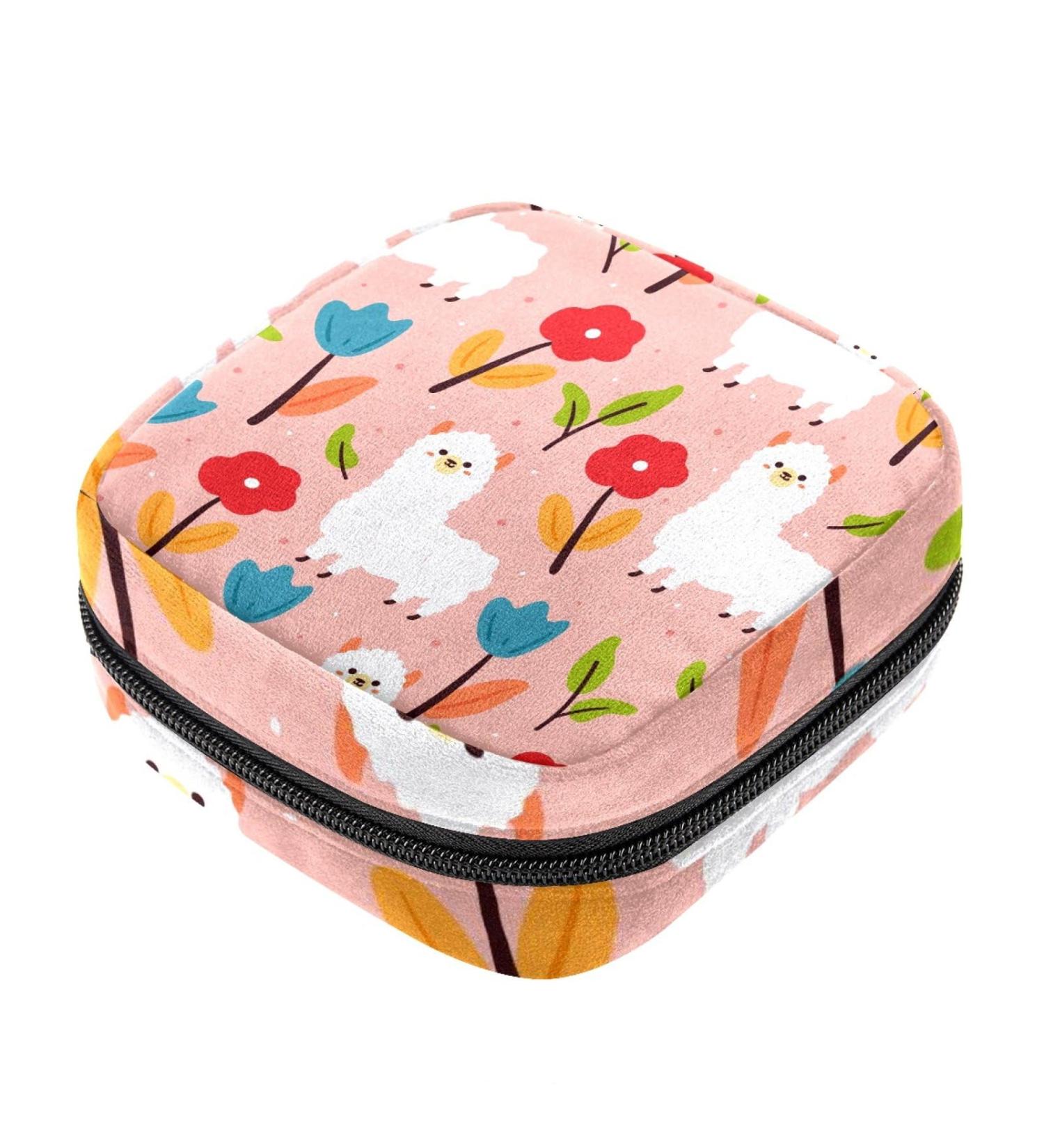 Alpaca Flower Pattern Menstrual Cup & Pad Storage Bag | Travel-friendly Organizer for Sanitary Napkins | Large Capacity & Portable Design in Color 1 - Buy Online on GoSupps.com