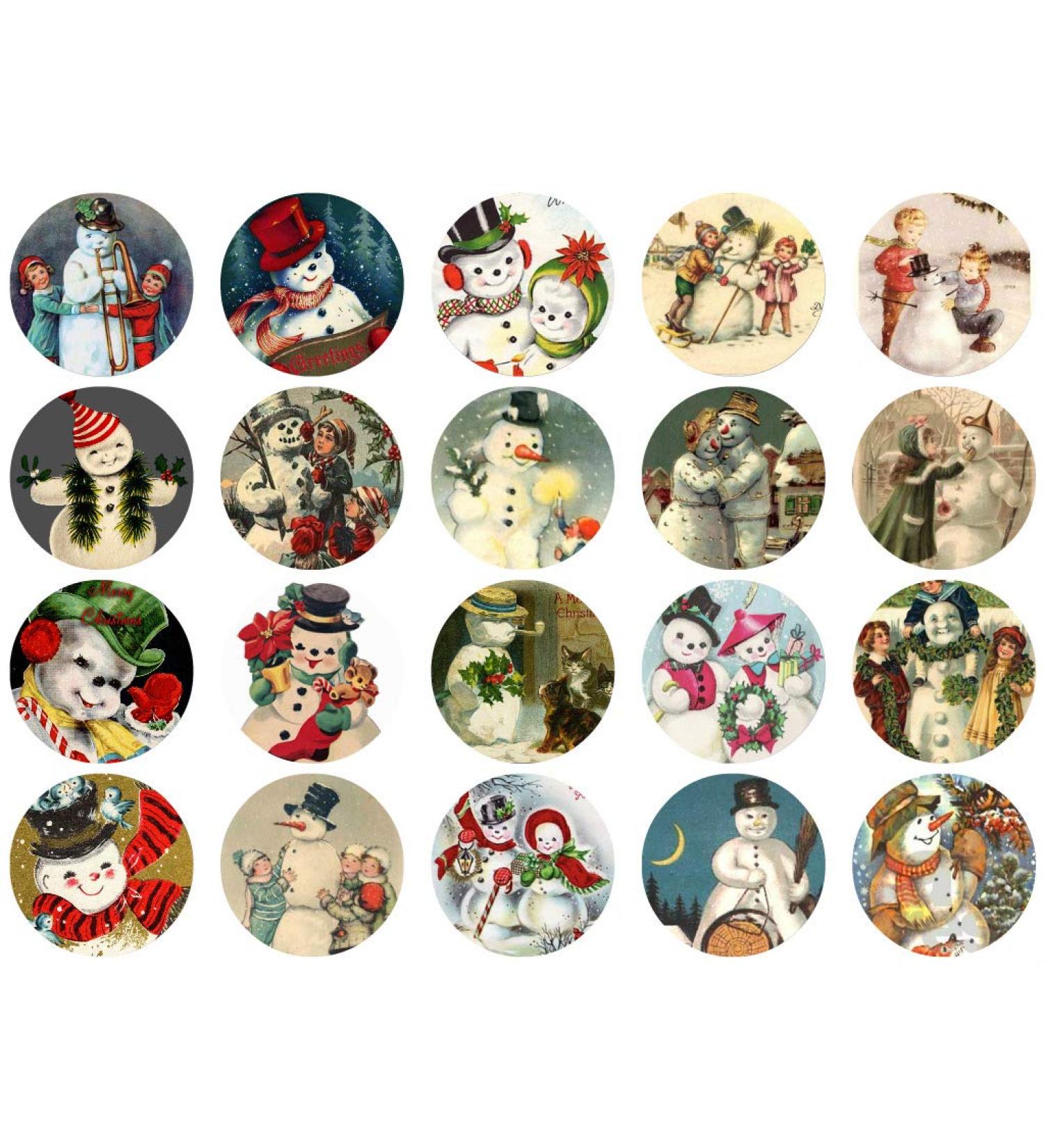 Assorted Vintage Christmas Snowman Circles 1 1/2" Circles Collage Sheet