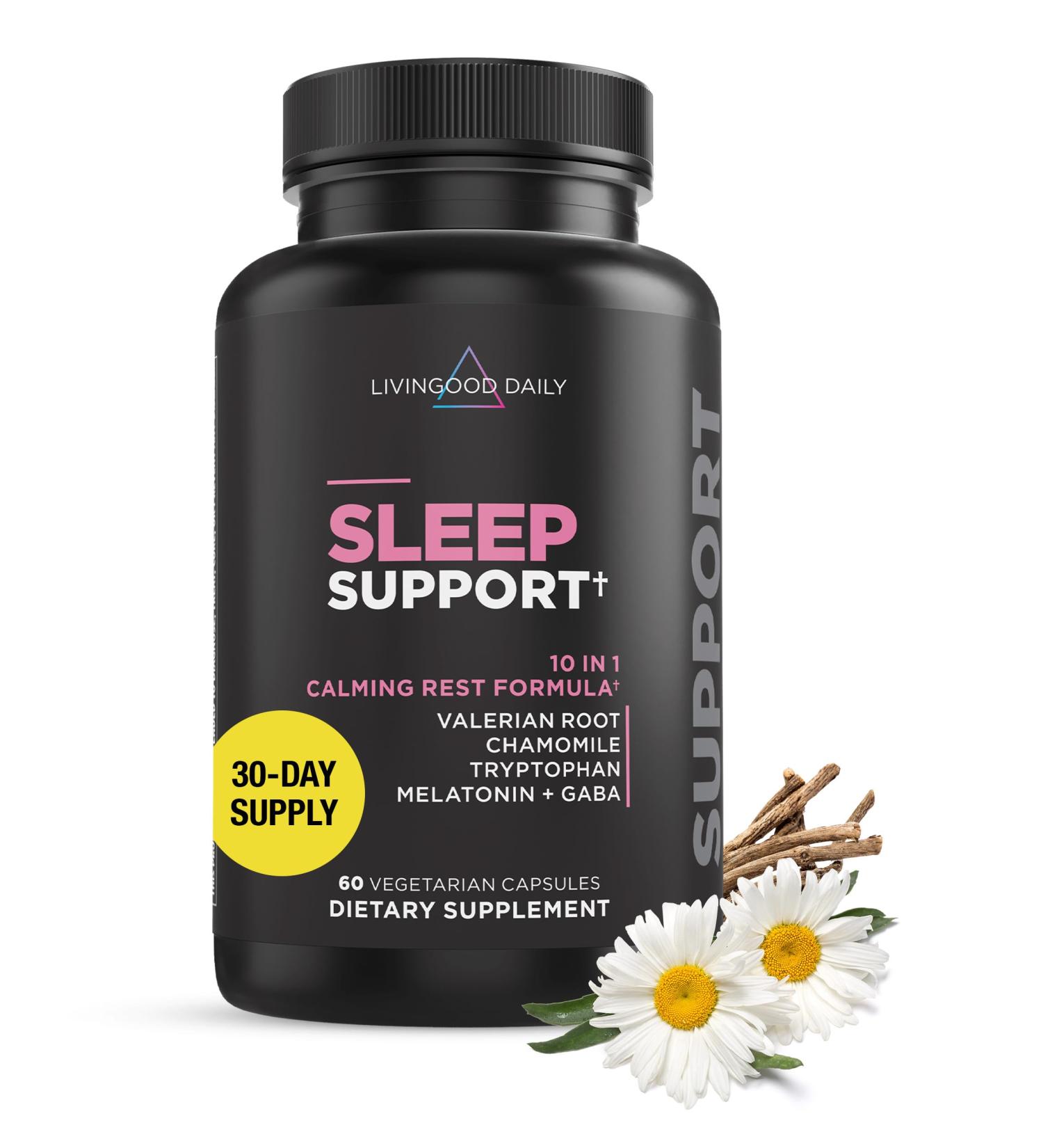 Livingood Daily Sleep Support Supplement 10-in-1 Natural Sleep Aid with 5 MG Melatonin Valerian Root Chamomile Tryptophan & GABA for Men & Women Non Habit Forming Gluten Free Vegan 60 Capsules - Buy Online on GoSupps.com