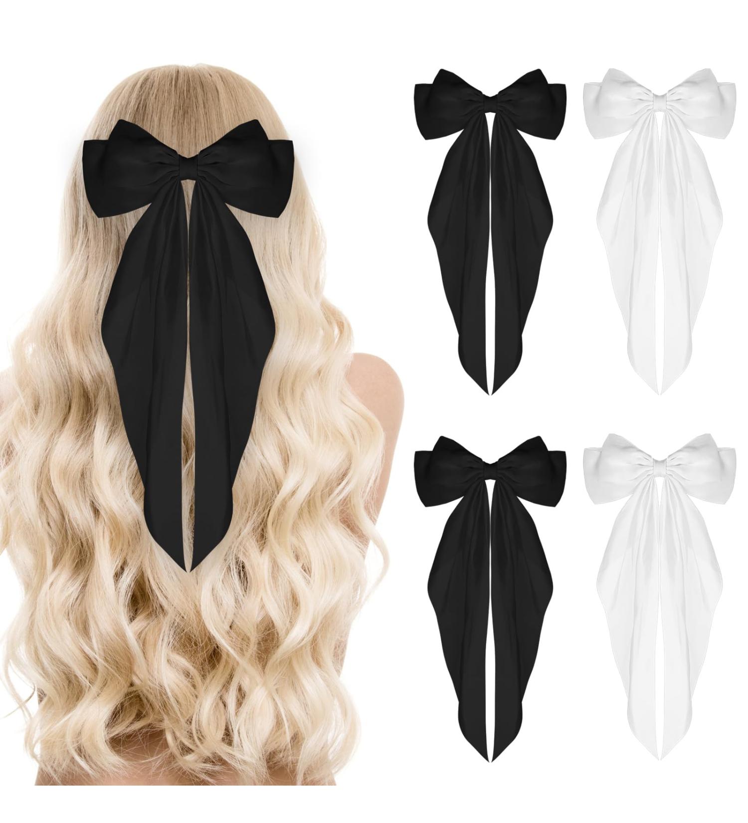 Sibba Satin Hair Barrette Big Bow Clips 4Pcs - Vintage French Bowknot Hairpin Set for Women and Girls - Black and White Combo - Buy Online on GoSupps.com