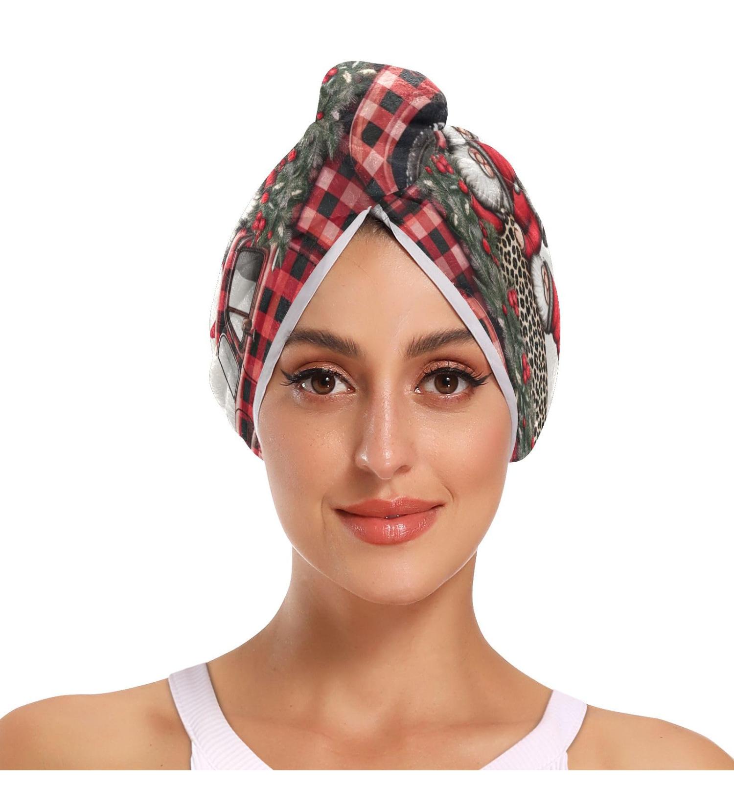 Buy Christmas Dwarf Red Black Plaid Hair Towels | Super Absorbent Quick Dry Hair Turbans - 2 Pack for Women & Girls - Buy Online on GoSupps.com