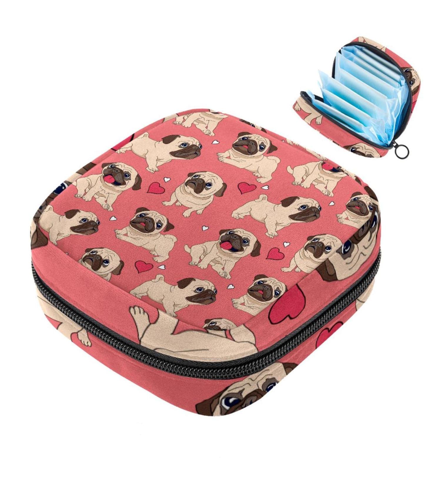 Rosa Pug Puppy Dog Love Pattern Menstrual Pad Storage Bag - Portable Zipper Pocket for Teens & Women - Buy Online on GoSupps.com
