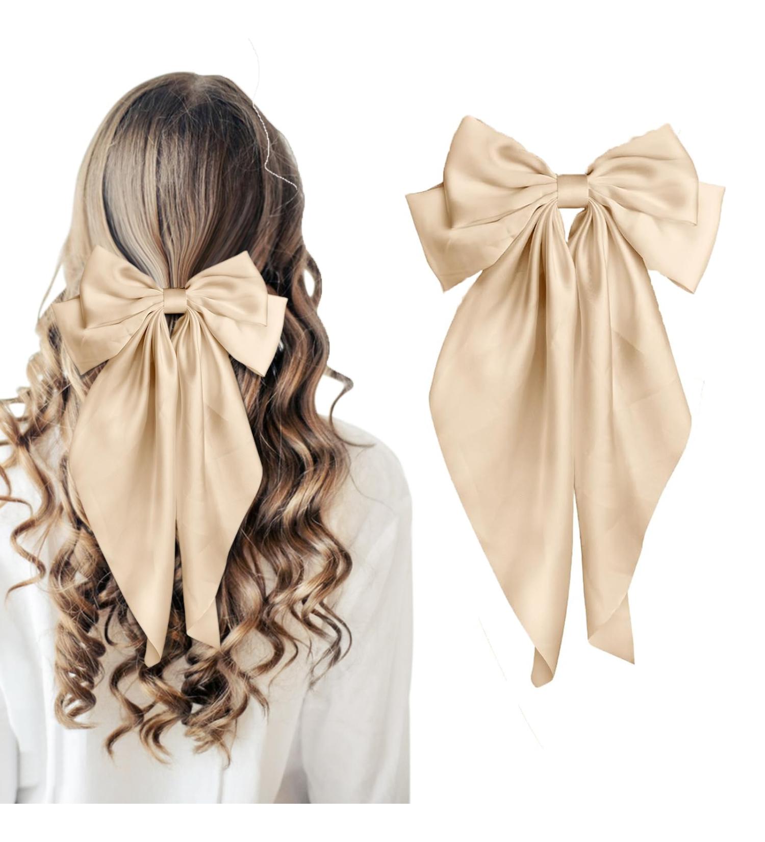Khaki Hair Bow Khaki Bow Hair Clip for Women Solid Color Bow Hair Clips with Long Ribbon French Khaki Bow Hair Clip Soft Satin Silky Hair Bows Cute Gifts for Women Girls - Buy Online on GoSupps.com