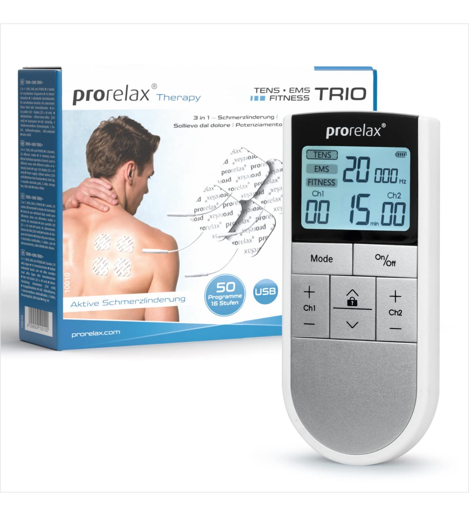 Prorelax Tens/Ems Trio | Electrostimulation Device for Pain Relief Muscle Building & Relaxation | 50 Programs 16 Intensity Levels - Buy Online on GoSupps.com