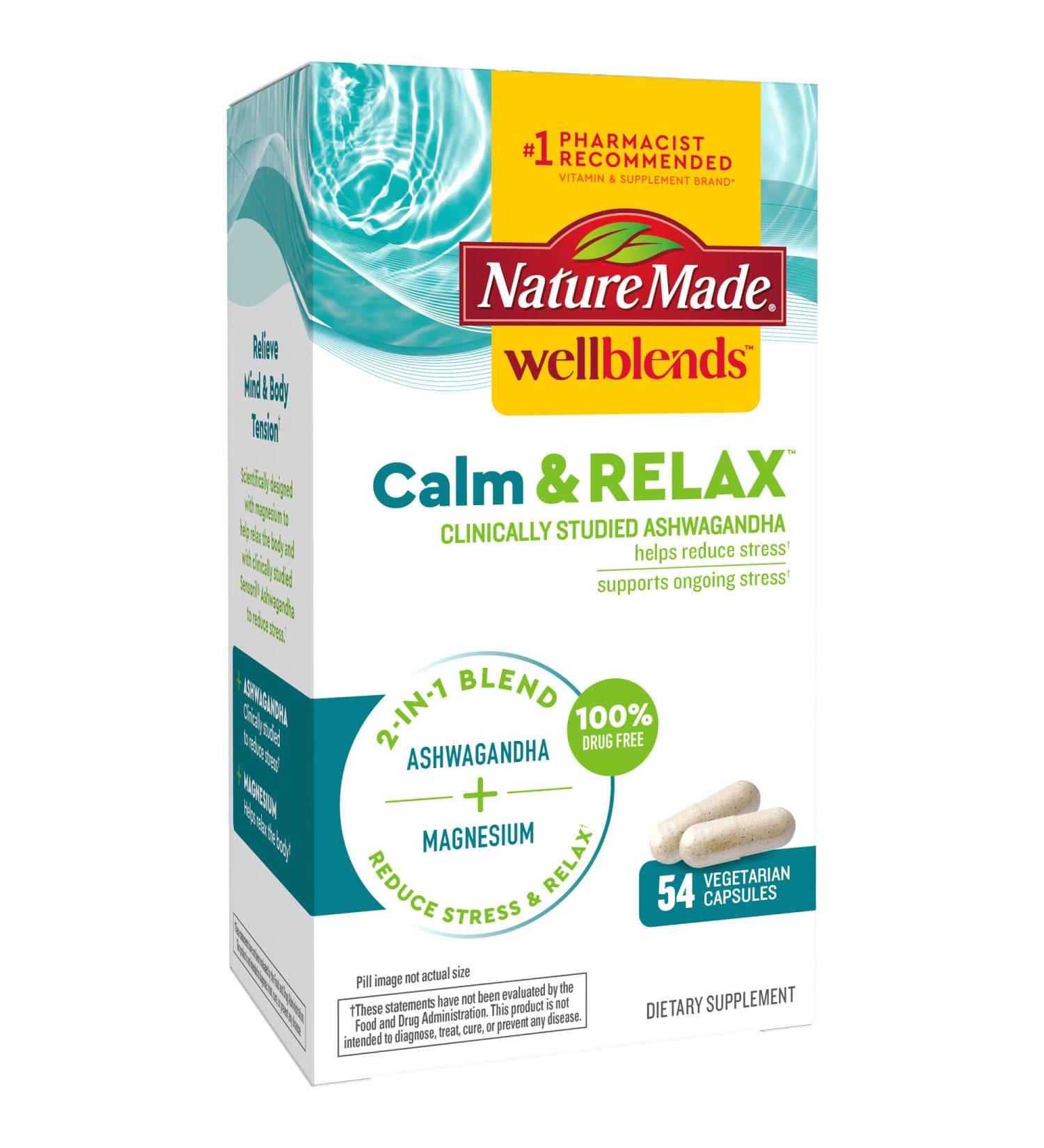 Nature Made Wellblends Calm & Relax - Ashwagandha 125mg, Magnesium 300mg - 54 Vegetarian Capsules - Buy Online on GoSupps.com