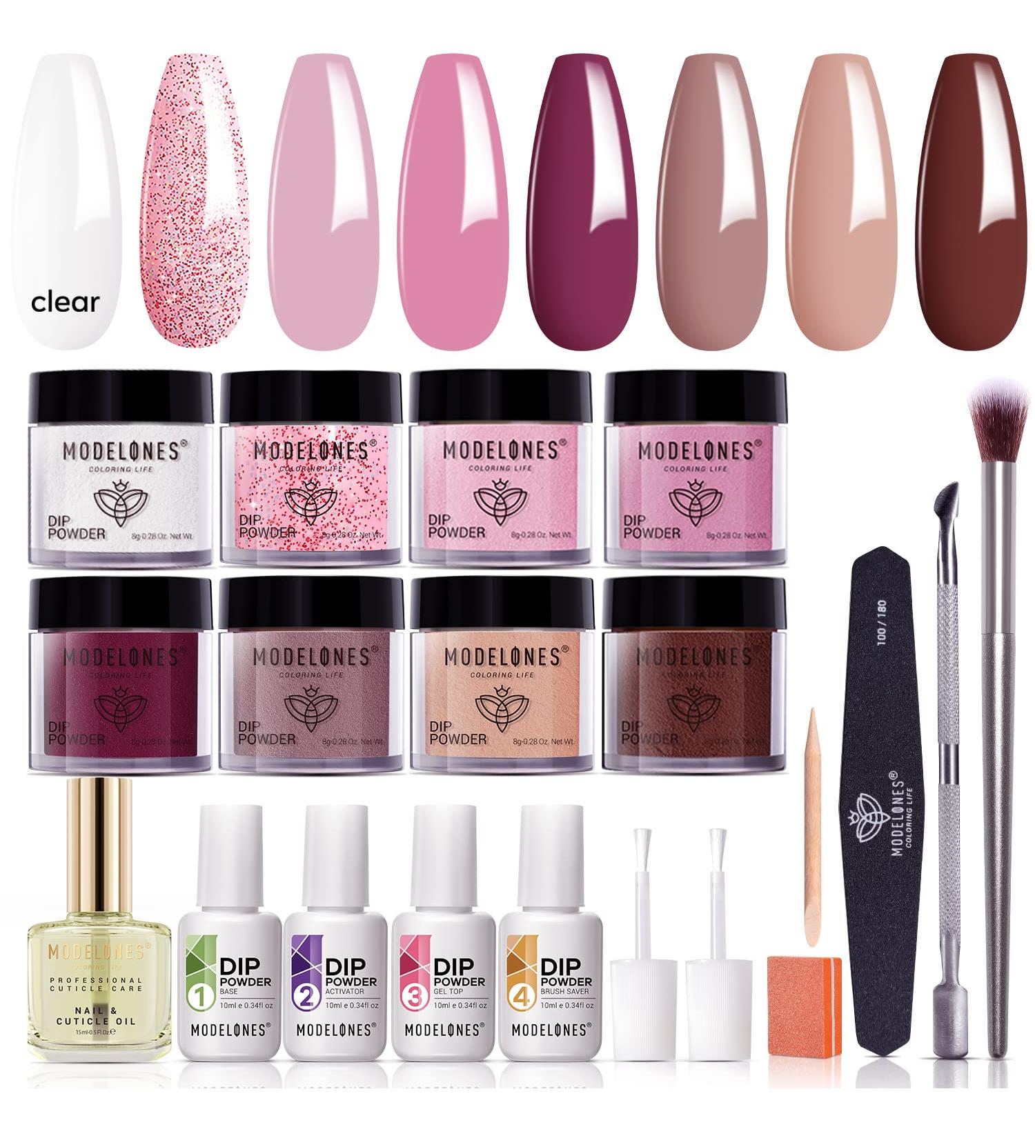 Modelones 20 Pcs Dip Powder Nail Kit Starter Set - 8 Colors Glitter Dipping Powder System with Dip Liquids and Cuticle Oil for French Nail Manicure - Buy Online on GoSupps.com