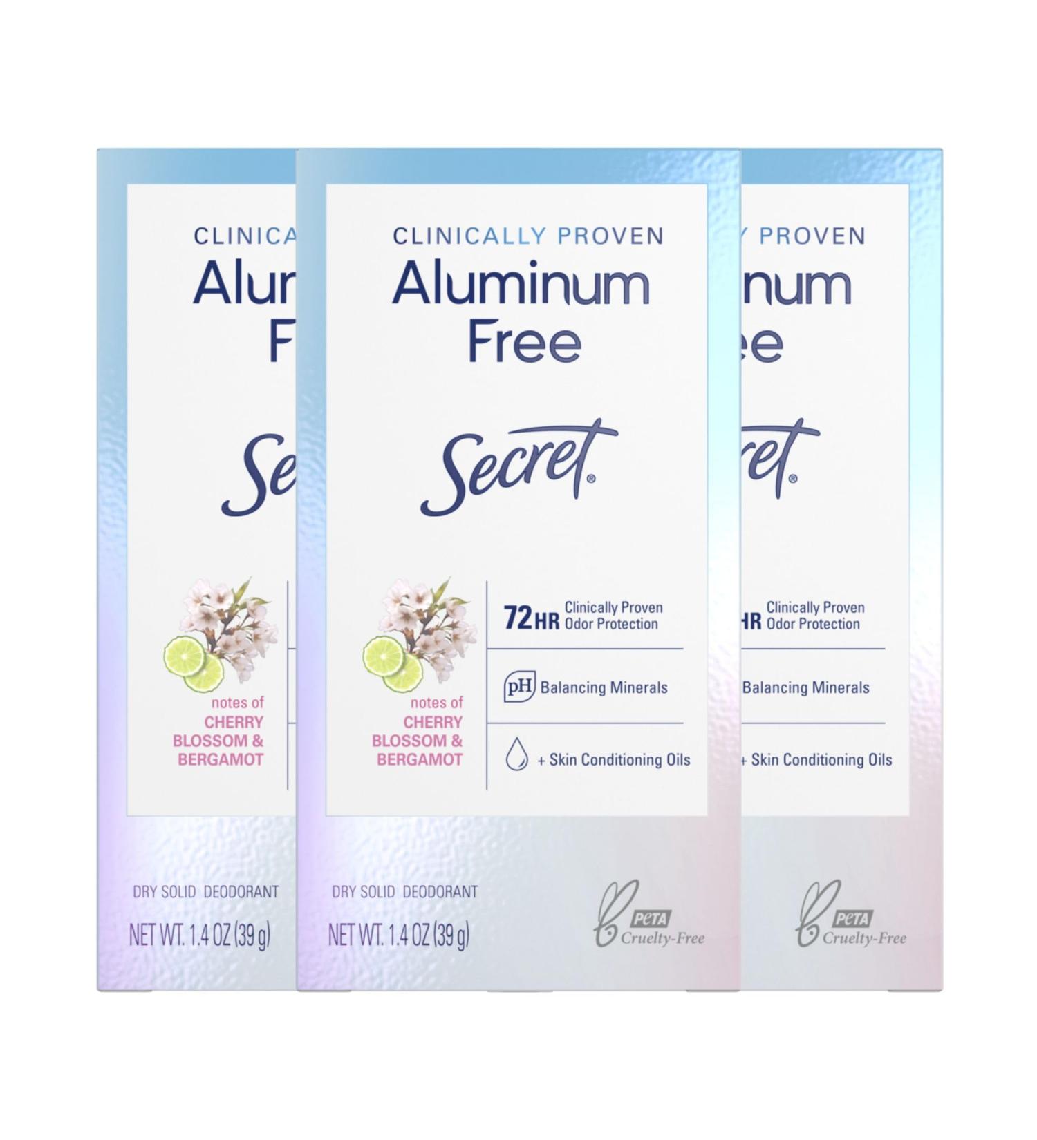 Secret Clinically Proven Aluminum Free Deodorant for Women Cherry Blossom & Bergamot Scent 1.4 oz (Pack of 3) Cherry Blossom & Bergamot 1.4 Ounce (Pack of 3) - Buy Online on GoSupps.com