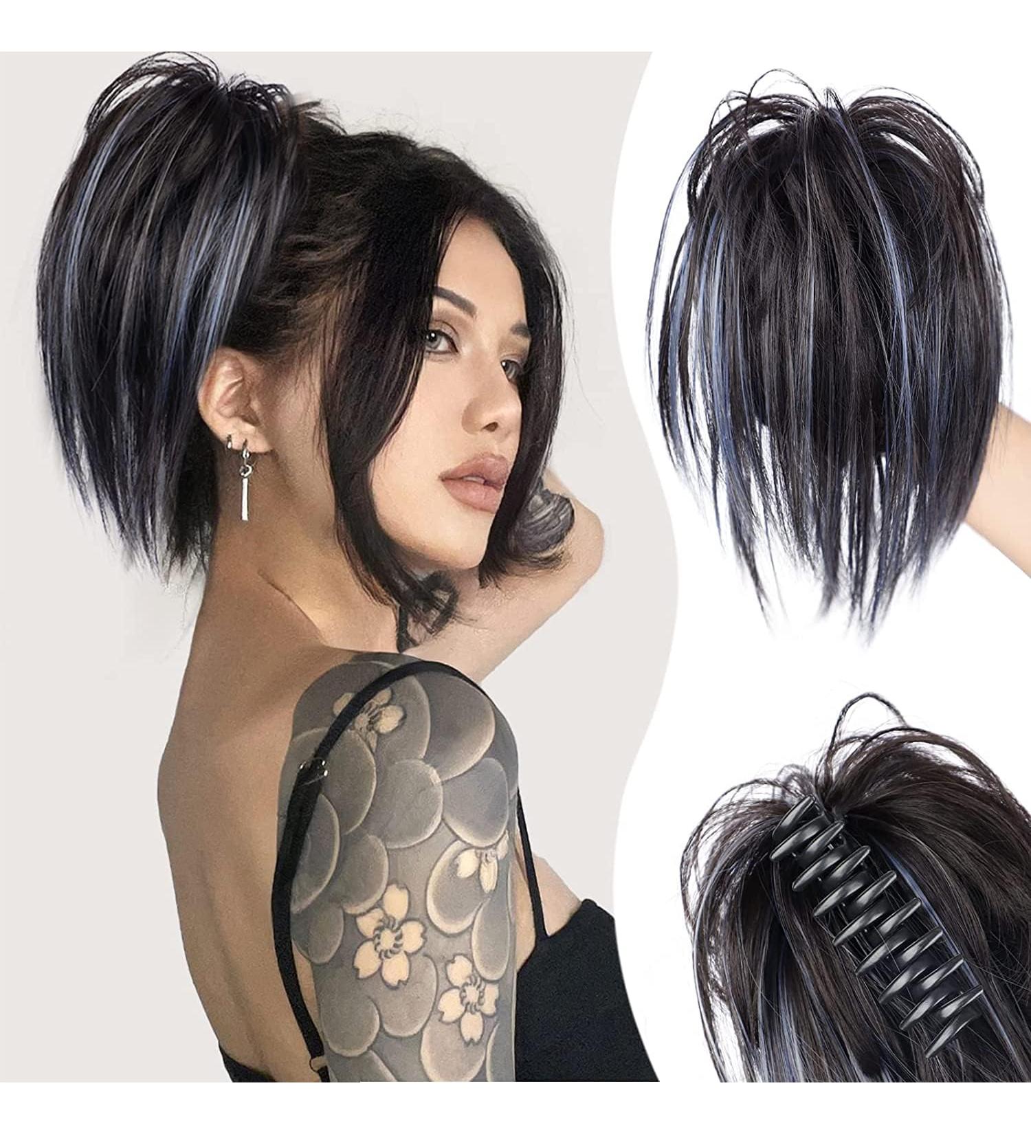 PORSMEER 10 Ombre Blue Claw Clip Ponytail Hair Extension for Women - Natural Straight Tousled Updo Bun Chignon - Buy Online on GoSupps.com