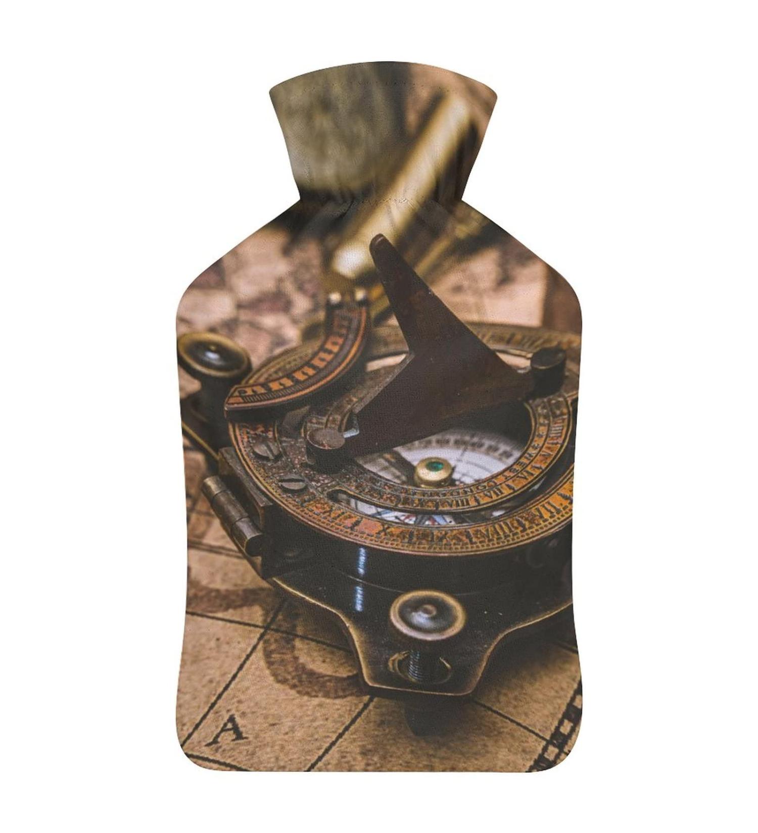 Retro Compass Hot Water Bottle with Plush Cover - Ideal Bed Warmer for Adults & Kids | 26.5x15.3cm | International Shipping - Buy Online on GoSupps.com
