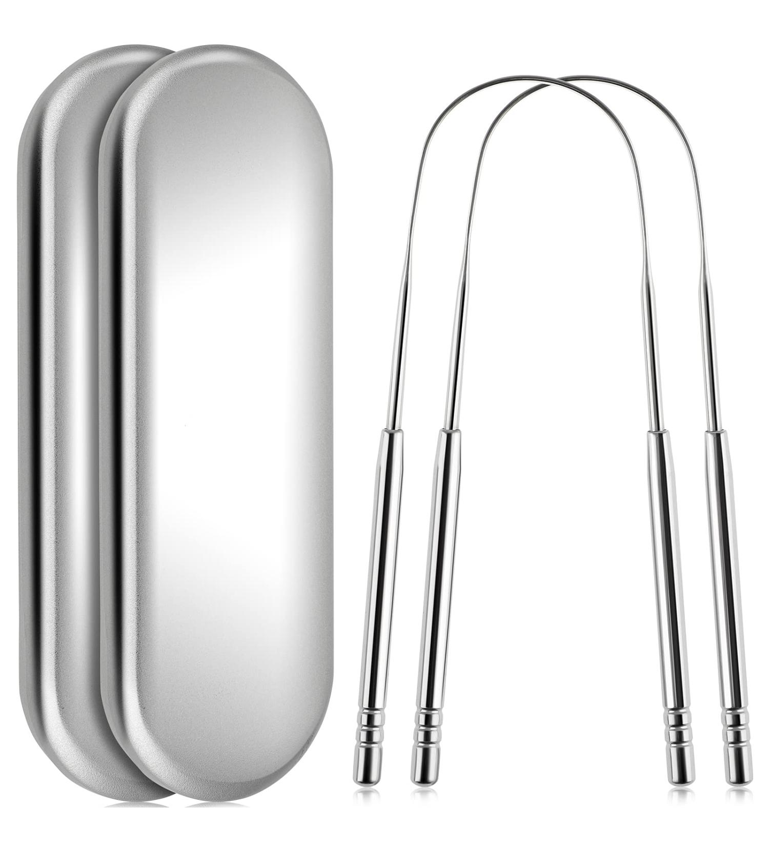 Stainless Steel Tongue Scraper Set for Adults - 2 Pack | Oral Care Tool for Bad Breath | Easy to Use & Portable | Ideal for Home, Work, Travel - Buy Online on GoSupps.com