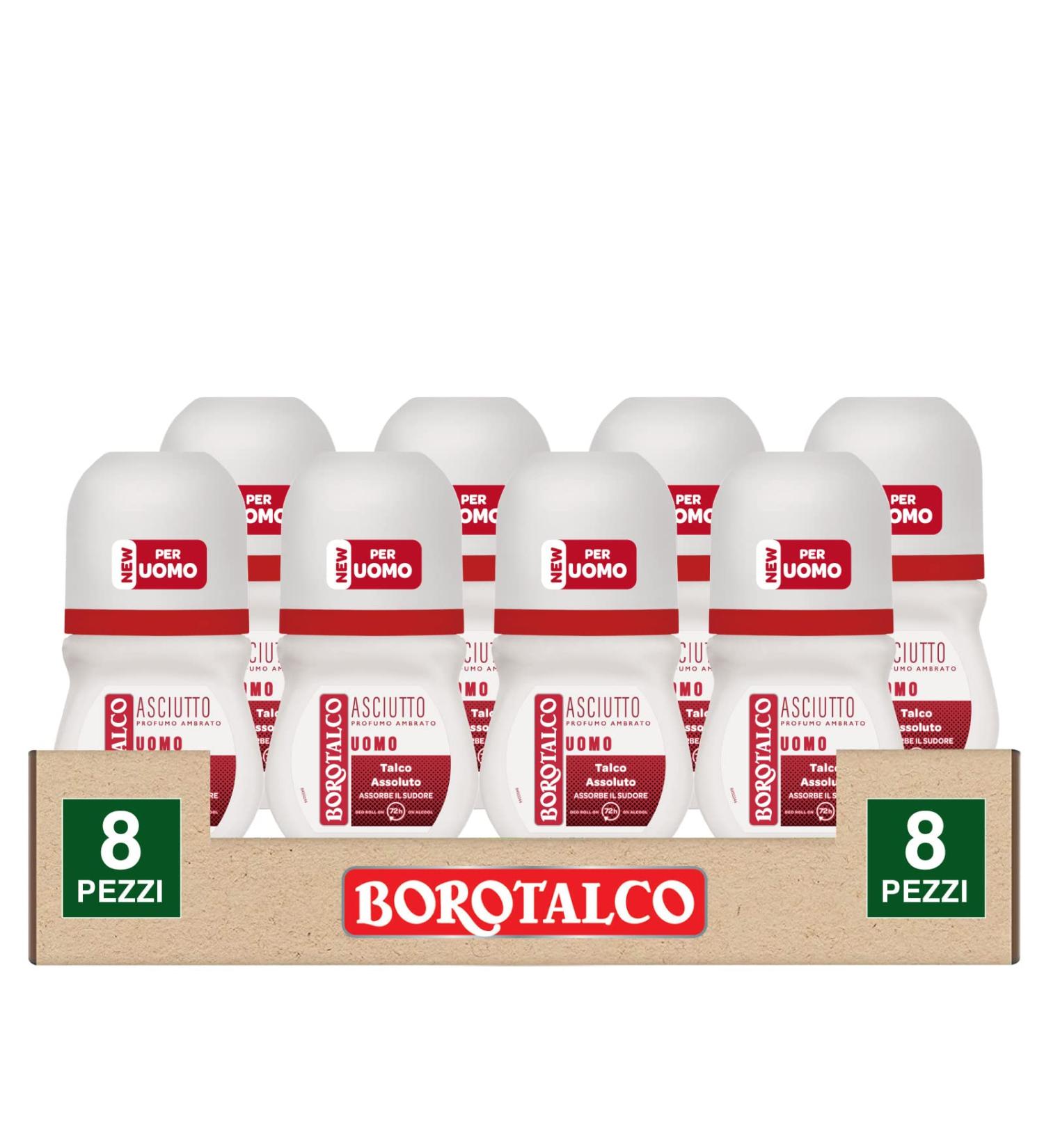 Borotalco Borotalco Deo Dry Roll On Deodorant for Men 72h with Talc Absolute Absorbs Sweat Alcohol-free Amber Fragrance - 8 Bottles of 50 ml