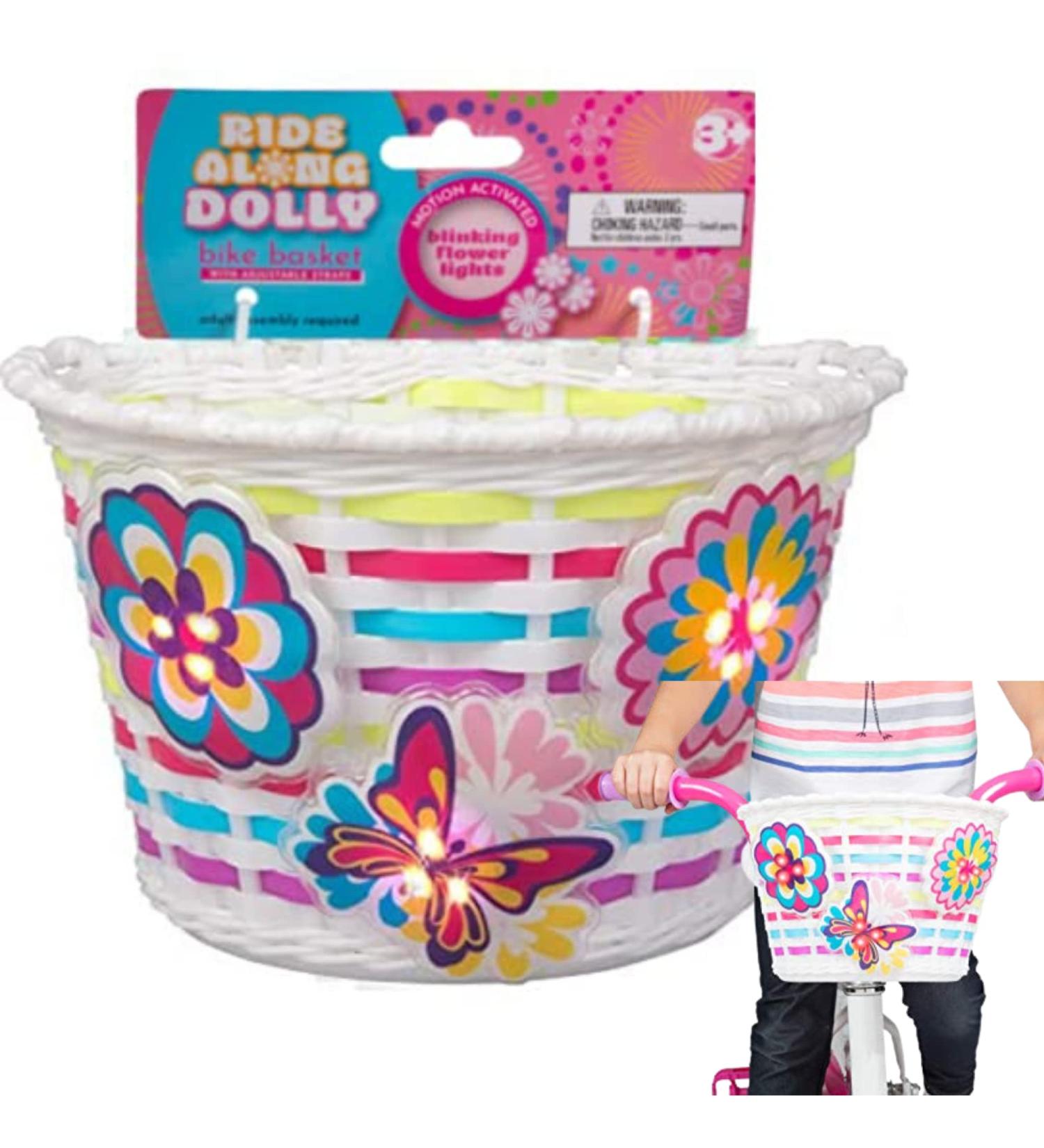 Ride Along Dolly Bike Basket for Girls with Safety Lightups - Kid's Bicycle Accessories with Blinking Flowers & Butterfly Decor - Fits Most Bikes - Perfect for Snacks, Dolls, Bears - Ideal Birthday Gift - Buy Online on GoSupps.com