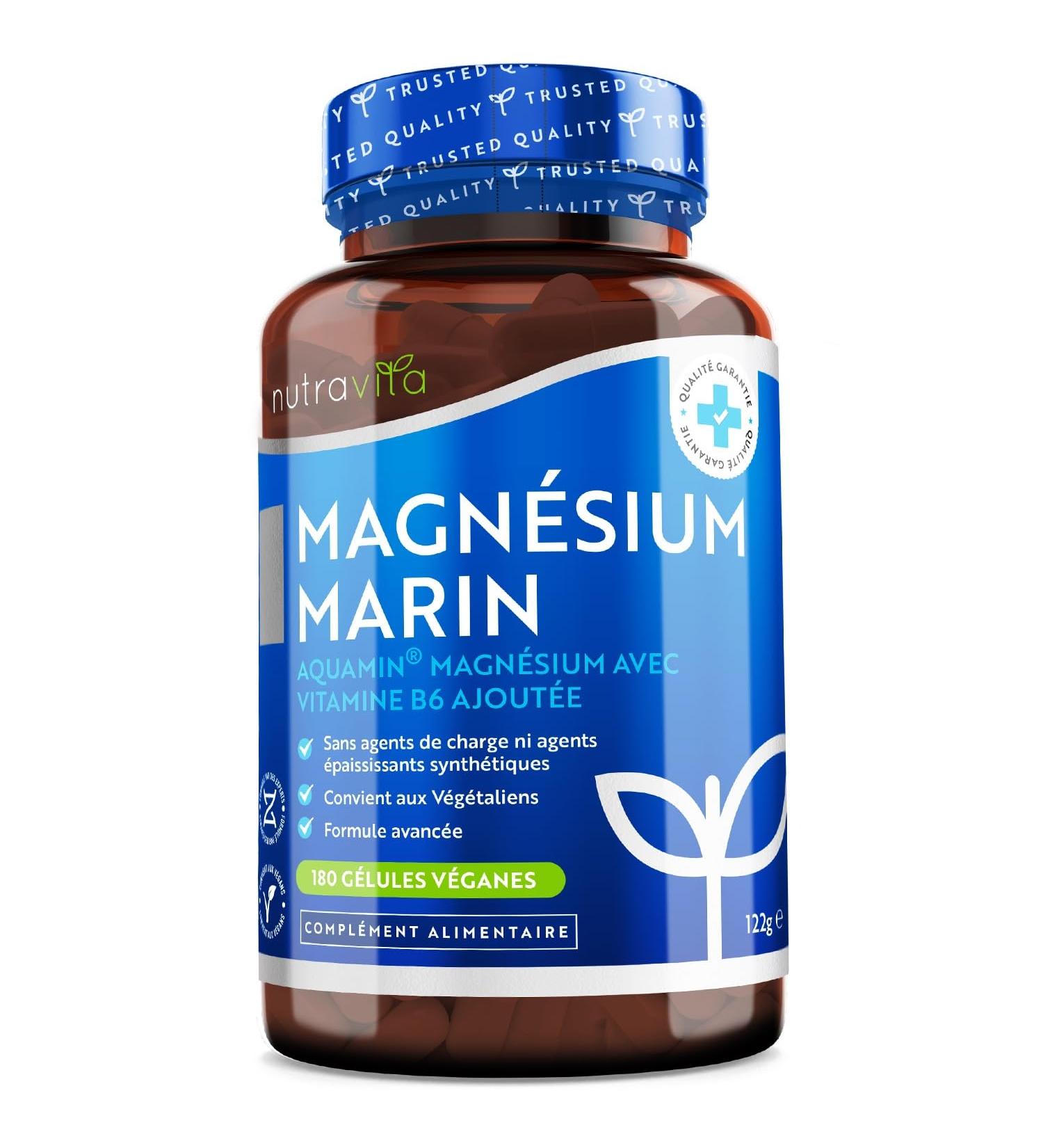 Magnesium Marin 360mg and Vitamin B6-180 Vegan Capsules - Magnesium B6 Fights Fatigue and Stress - Magnesium Aquamin Highly Bioavailable and Clinically Supported - Nutravita - Buy Online on GoSupps.com