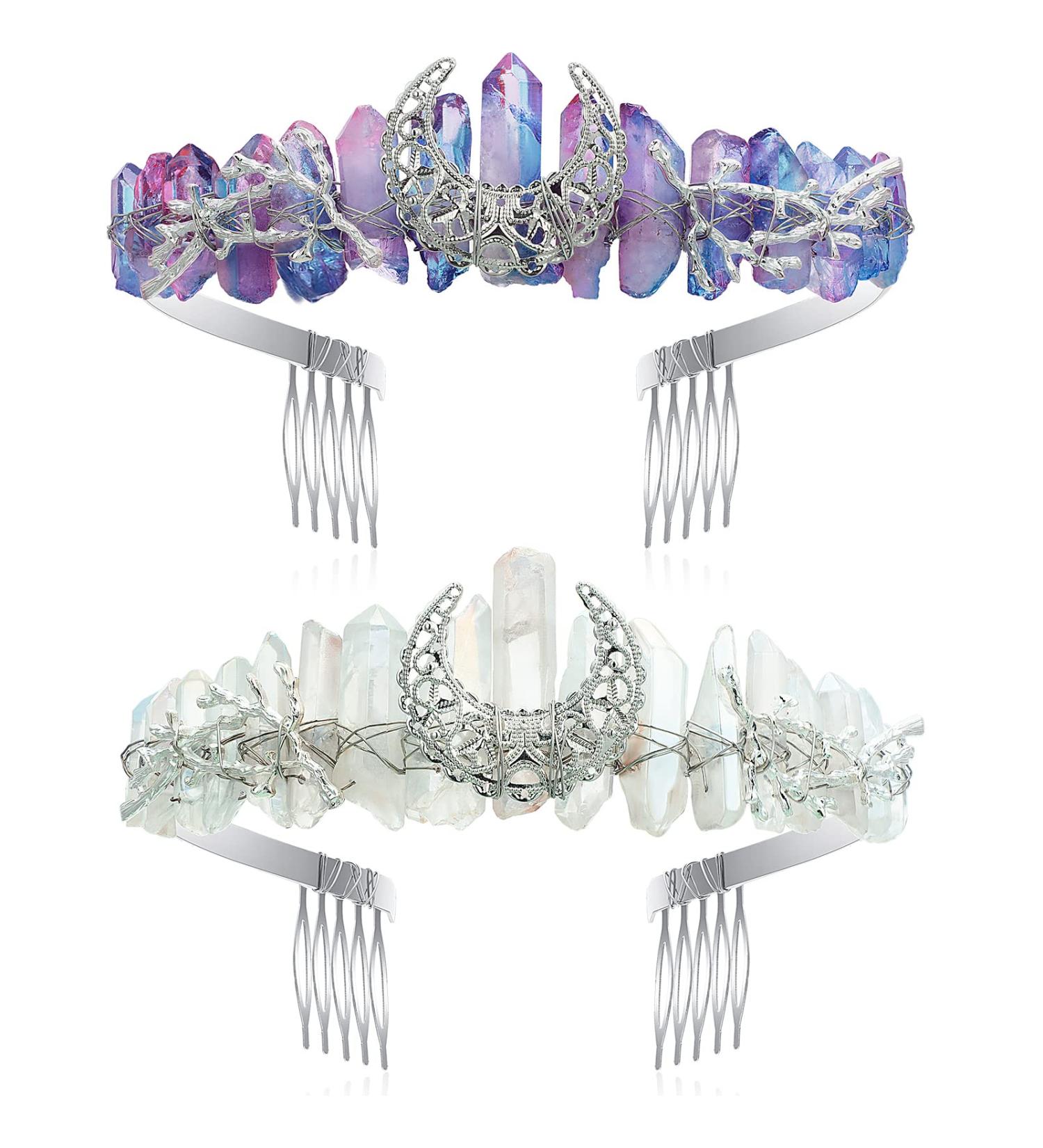 Handmade Raw Crystal Quartz Moon Crown for Women - Halloween Witch Tiara - Mermaid Crown for Festival & Rave - 2 Colors - Buy Online on GoSupps.com