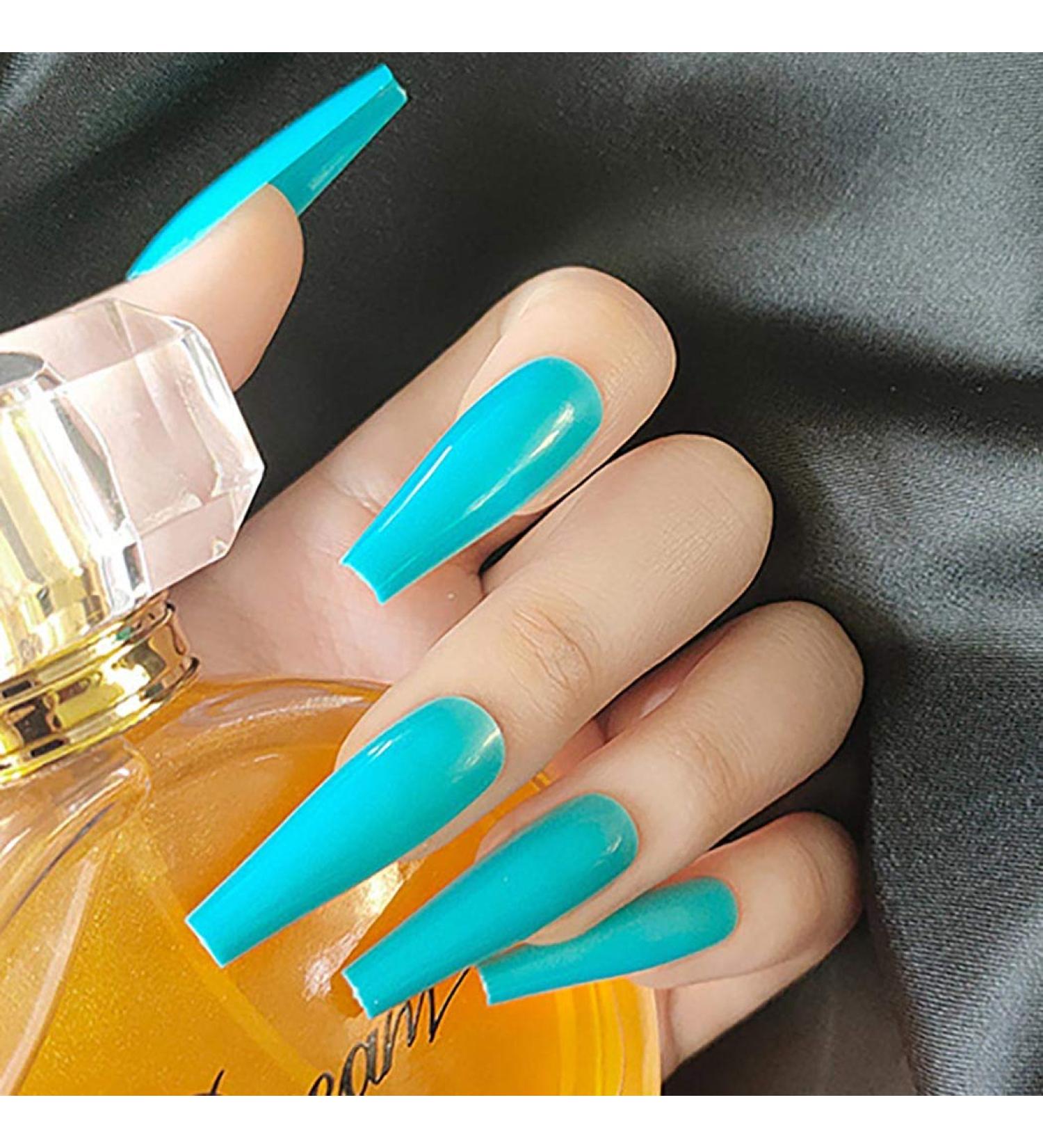 Sethain Glossy Coffin False Nails Blue Ballerina Fake Nails Long Full Cover Pure Press on Nail for Women and Girls (Light Blue) - Buy Online on GoSupps.com